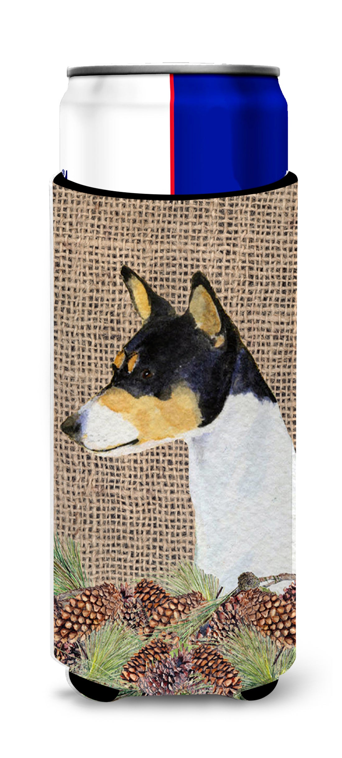 Basenji on Faux Burlap with Pine Cones Ultra Beverage Insulators for slim cans SS4103MUK.