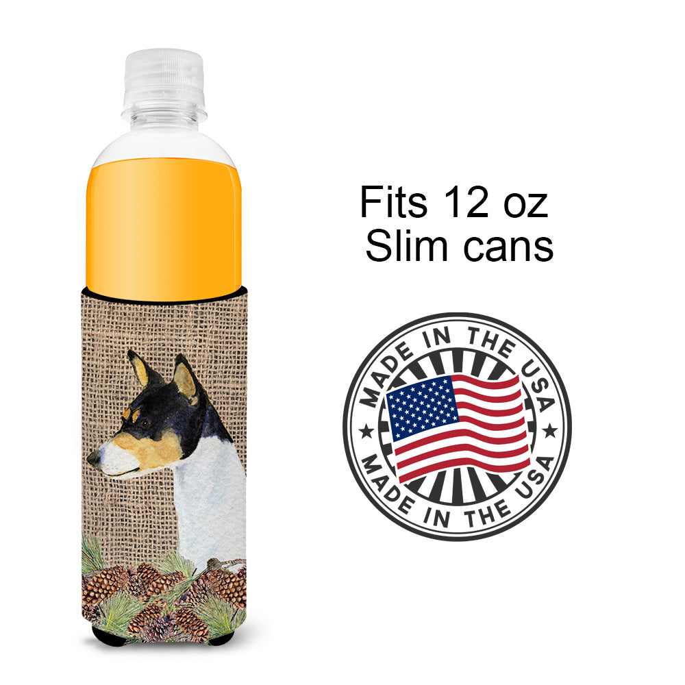 Basenji on Faux Burlap with Pine Cones Ultra Beverage Insulators for slim cans SS4103MUK