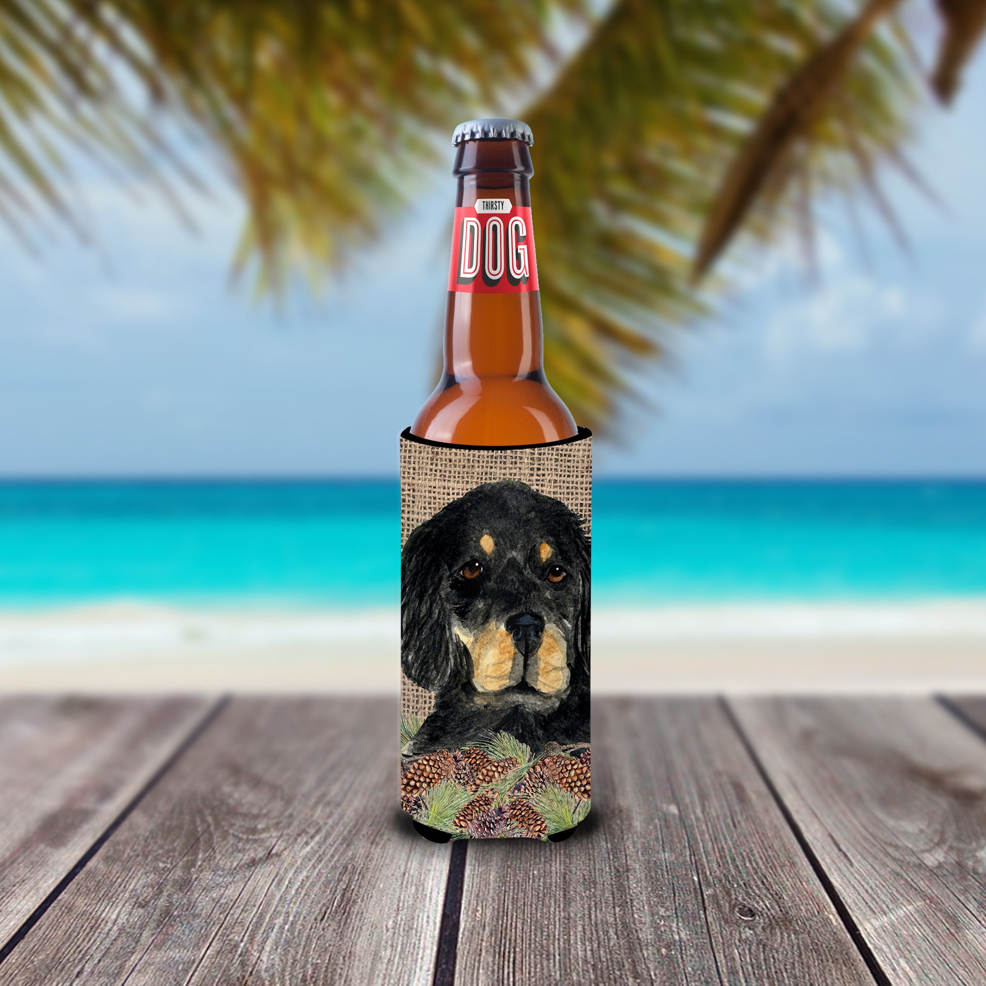Gordon Setter on Faux Burlap with Pine Cones Ultra Beverage Insulators for slim cans SS4104MUK.
