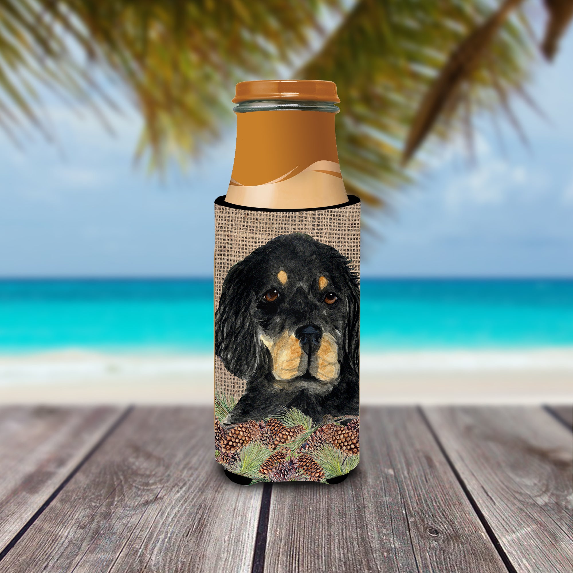 Gordon Setter on Faux Burlap with Pine Cones Ultra Beverage Insulators for slim cans SS4104MUK.
