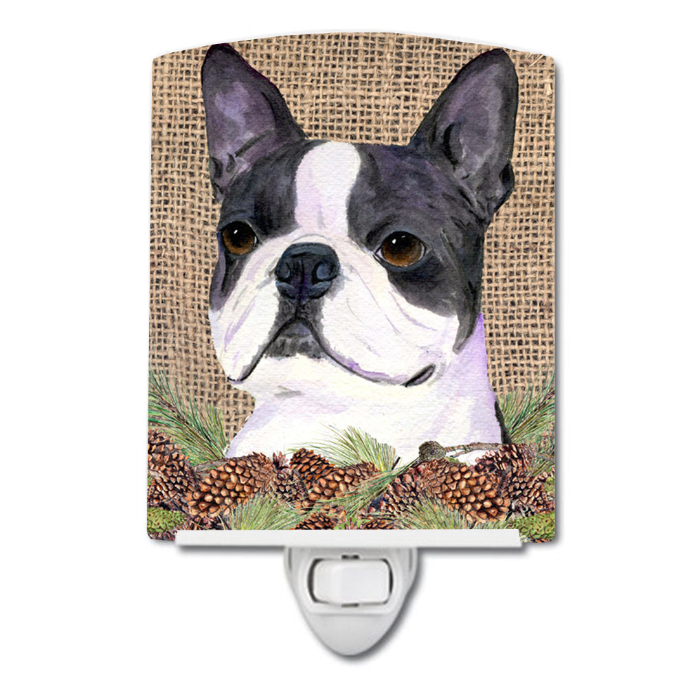 Boston Terrier on Faux Burlap with Pine Cones Ceramic Night Light SS4105CNL - the-store.com