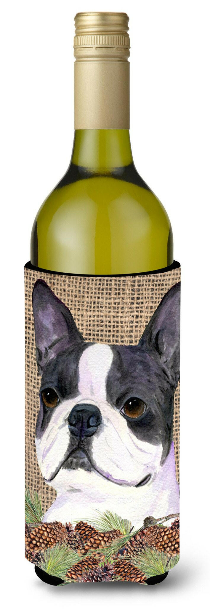 Boston Terrier on Faux Burlap with Pine Cones Wine Bottle Beverage Insulator Beverage Insulator Hugger by Caroline&#39;s Treasures
