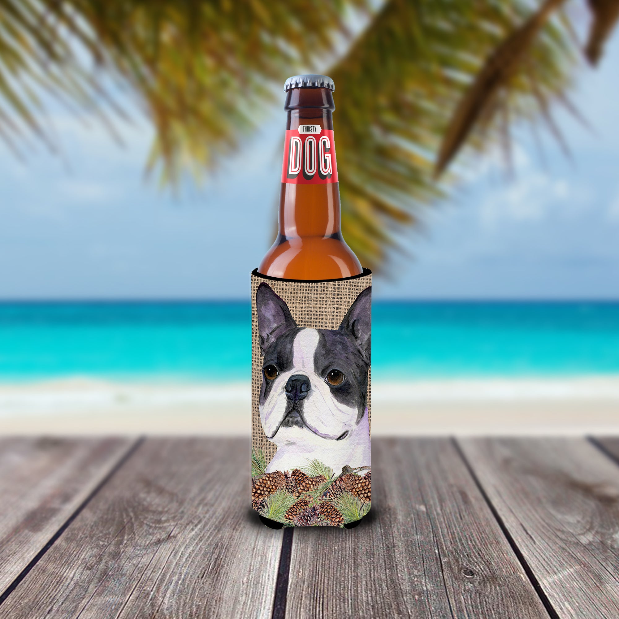 Boston Terrier on Faux Burlap with Pine Cones Ultra Beverage Insulators for slim cans SS4105MUK