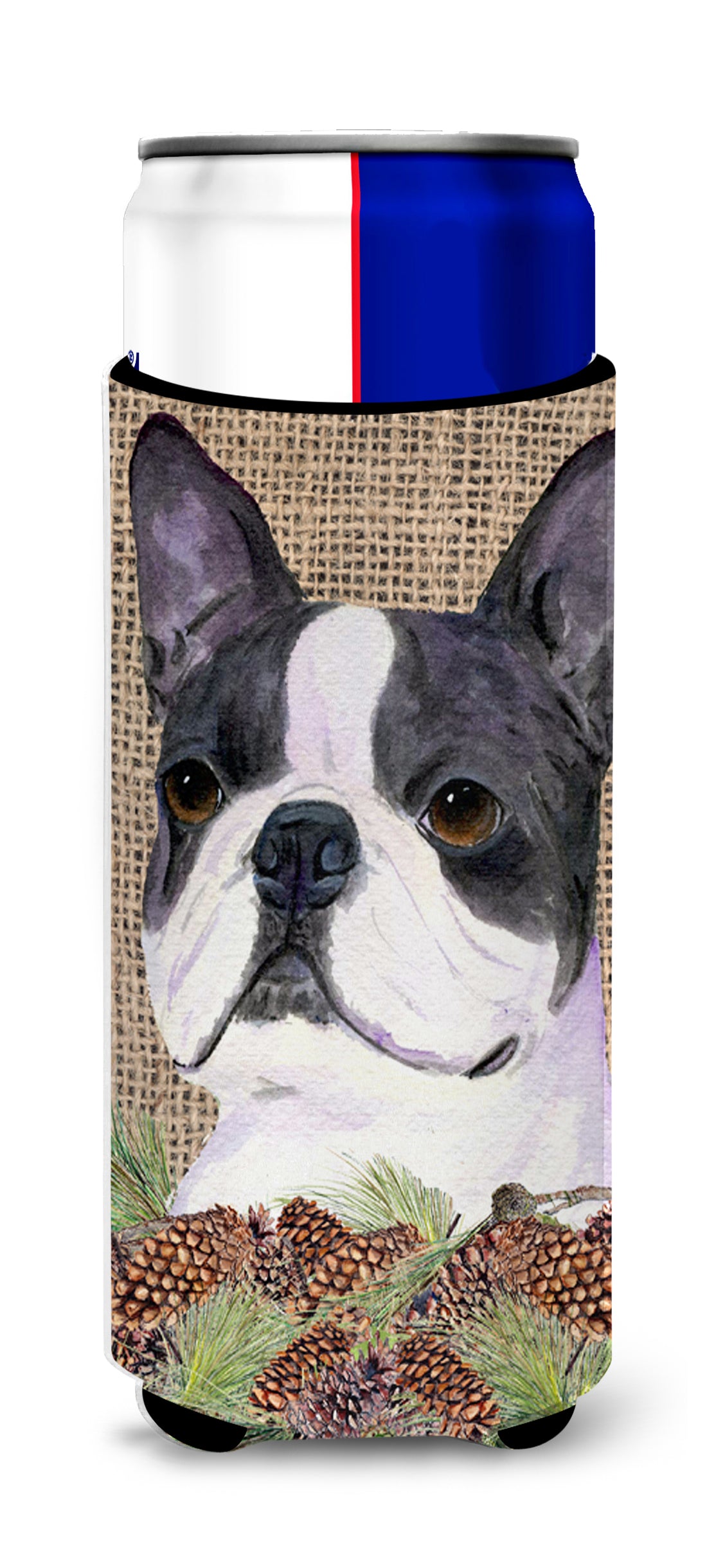 Boston Terrier on Faux Burlap with Pine Cones Ultra Beverage Insulators for slim cans SS4105MUK.