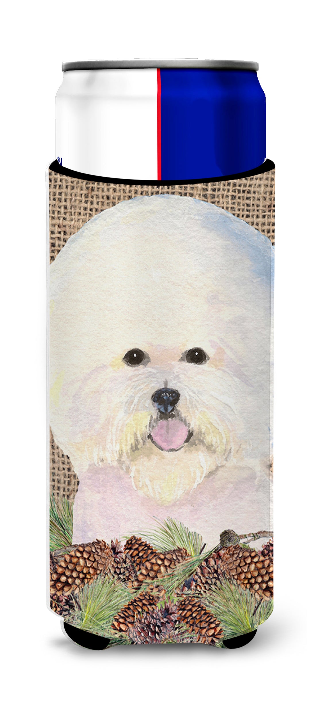 Bichon Frise on Faux Burlap with Pine Cones Ultra Beverage Insulators for slim cans SS4106MUK