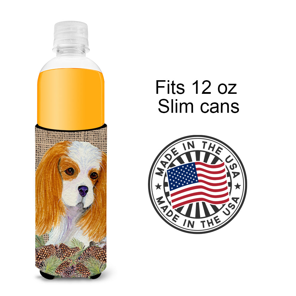 Cavalier Spaniel on Faux Burlap with Pine Cones Ultra Beverage Insulators for slim cans SS4107MUK