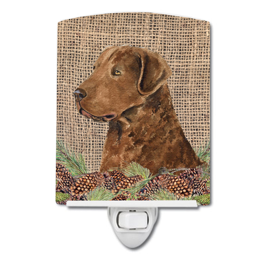 Curly Coated Retriever on Faux Burlap with Pine Cones Ceramic Night Light SS4108CNL - the-store.com