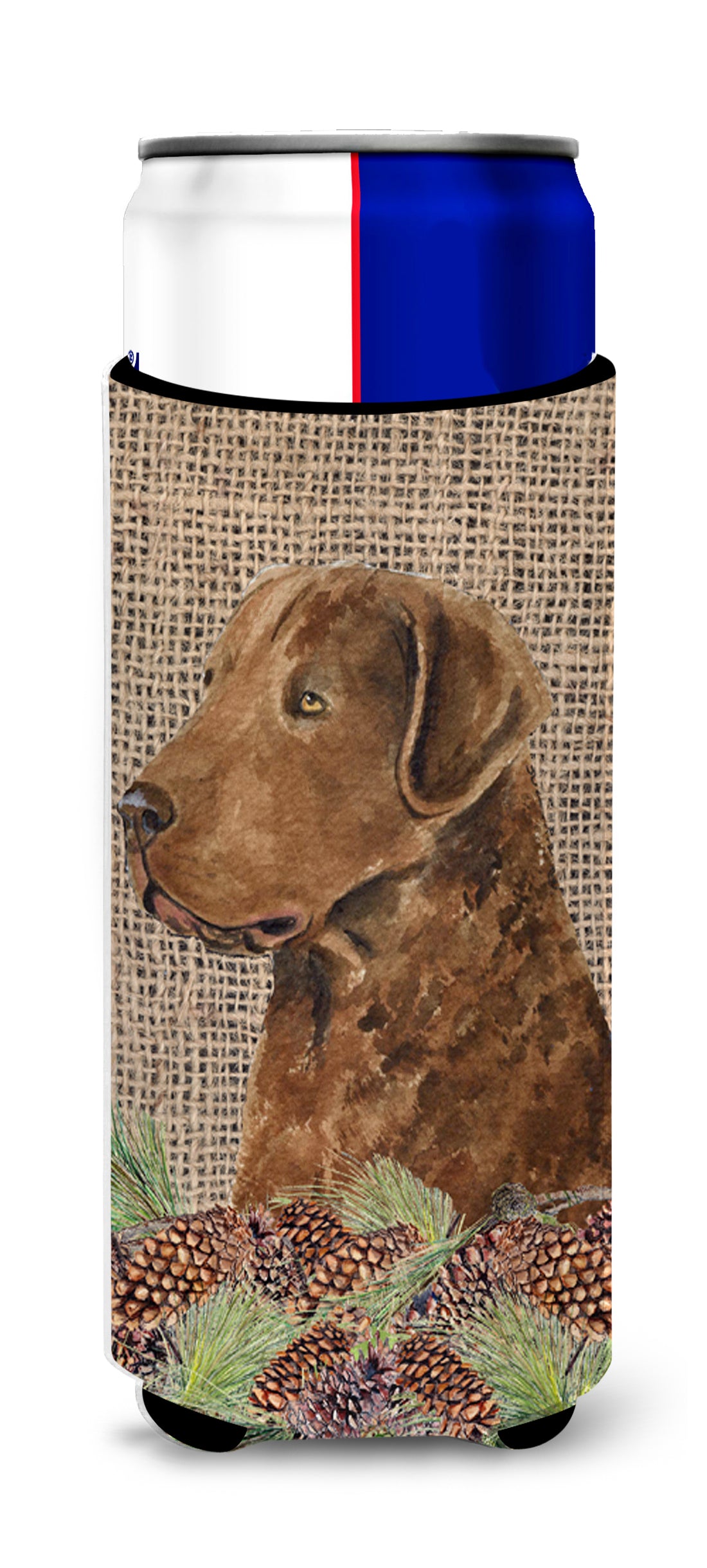 Curly Coated Retriever on Faux Burlap with Pine Cones Ultra Beverage Insulators for slim cans SS4108MUK