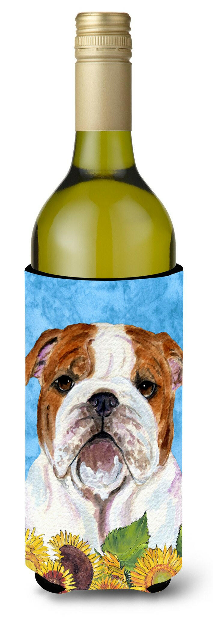 Bulldog English in Summer Flowers Wine Bottle Beverage Insulator Beverage Insulator Hugger by Caroline&#39;s Treasures