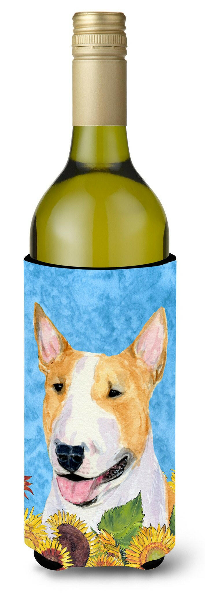 Bull Terrier in Summer Flowers Wine Bottle Beverage Insulator Beverage Insulator Hugger by Caroline&#39;s Treasures