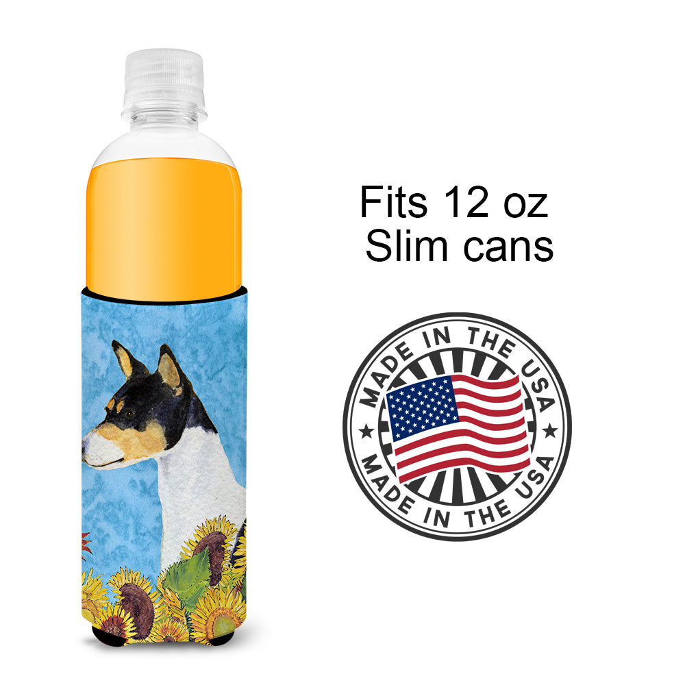 Basenji in Summer Flowers Ultra Beverage Insulators for slim cans SS4147MUK.