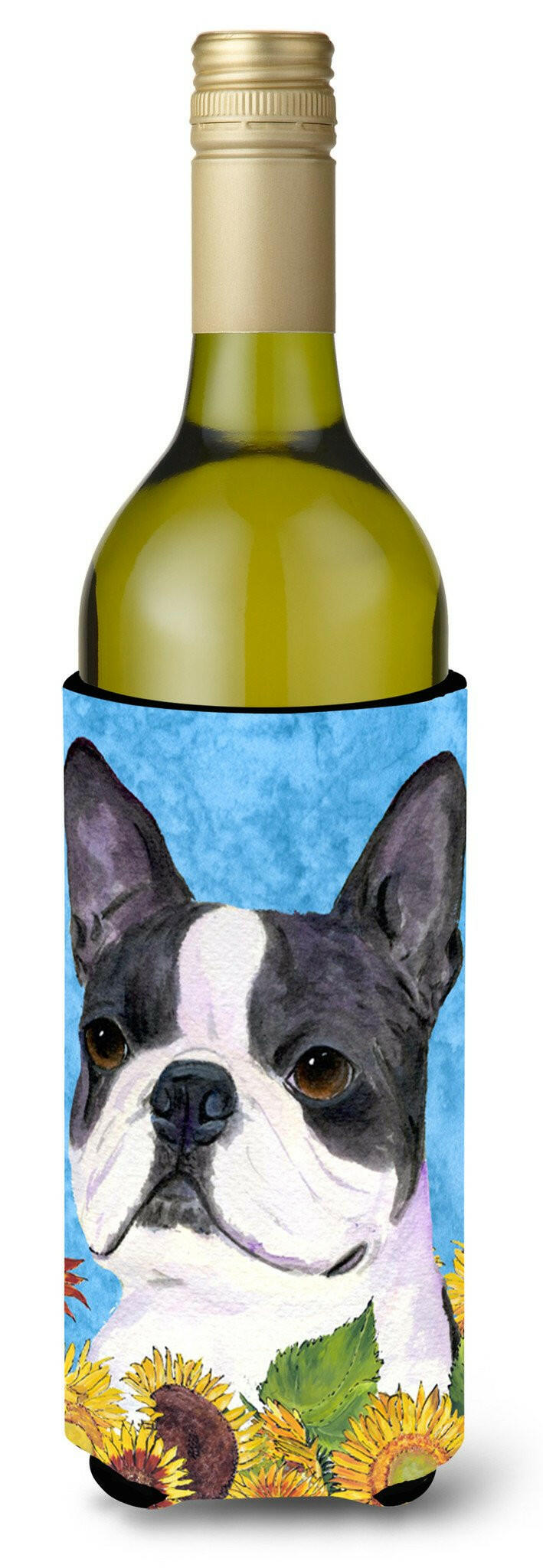 Boston Terrier in Summer Flowers Wine Bottle Beverage Insulator Beverage Insulator Hugger by Caroline&#39;s Treasures