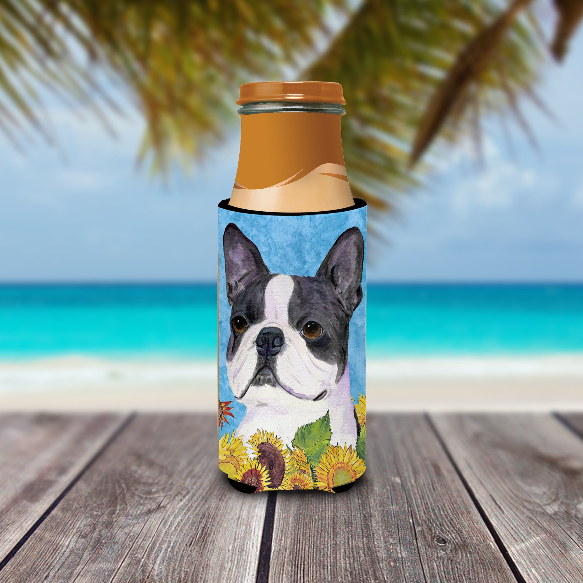 Boston Terrier in Summer Flowers Ultra Beverage Insulators for slim cans SS4149MUK