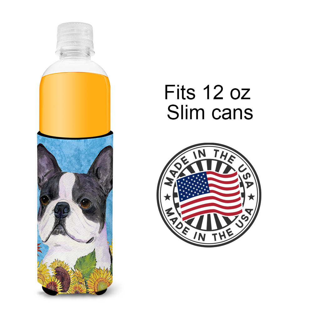 Boston Terrier in Summer Flowers Ultra Beverage Insulators for slim cans SS4149MUK
