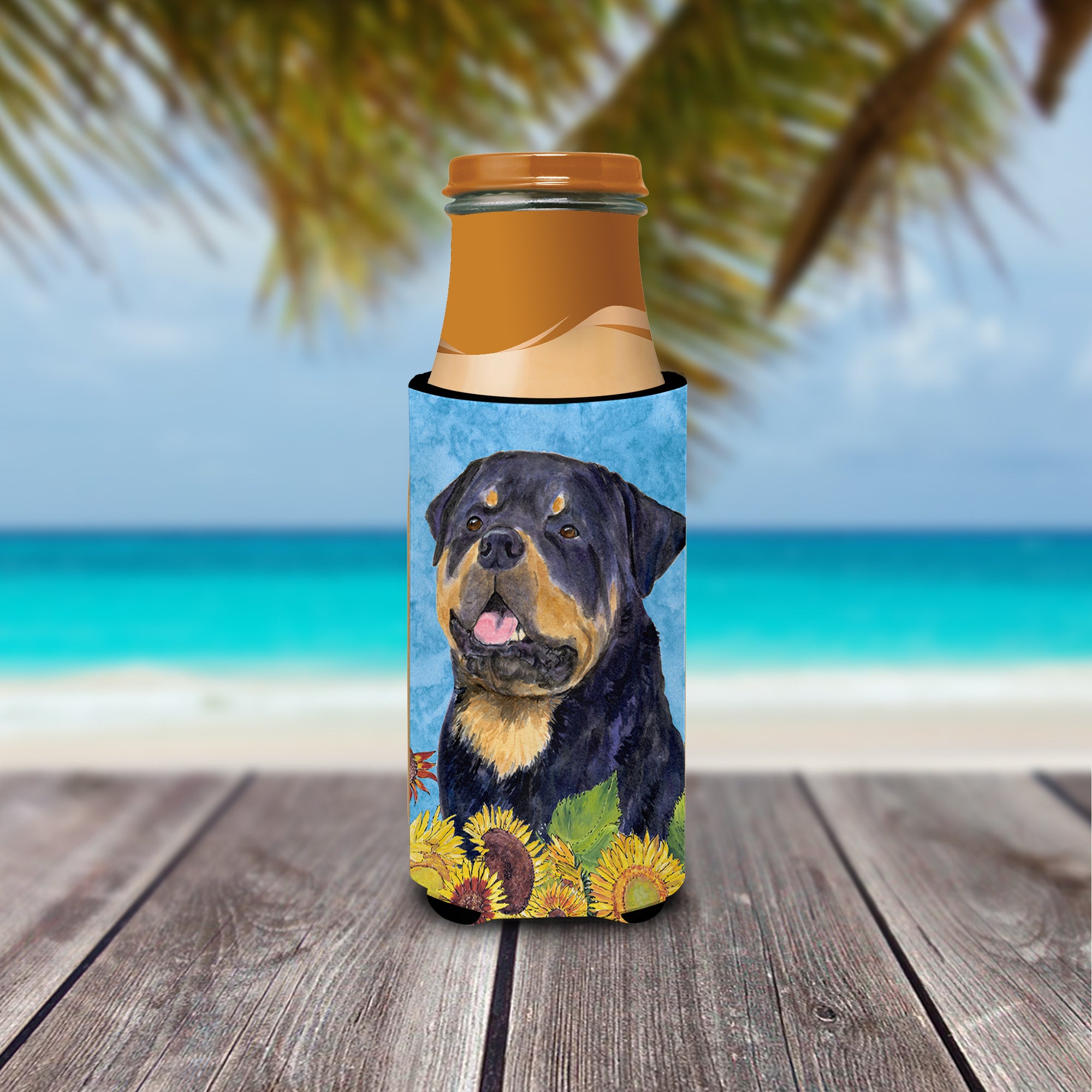 Rottweiler in Summer Flowers Ultra Beverage Insulators for slim cans SS4158MUK.
