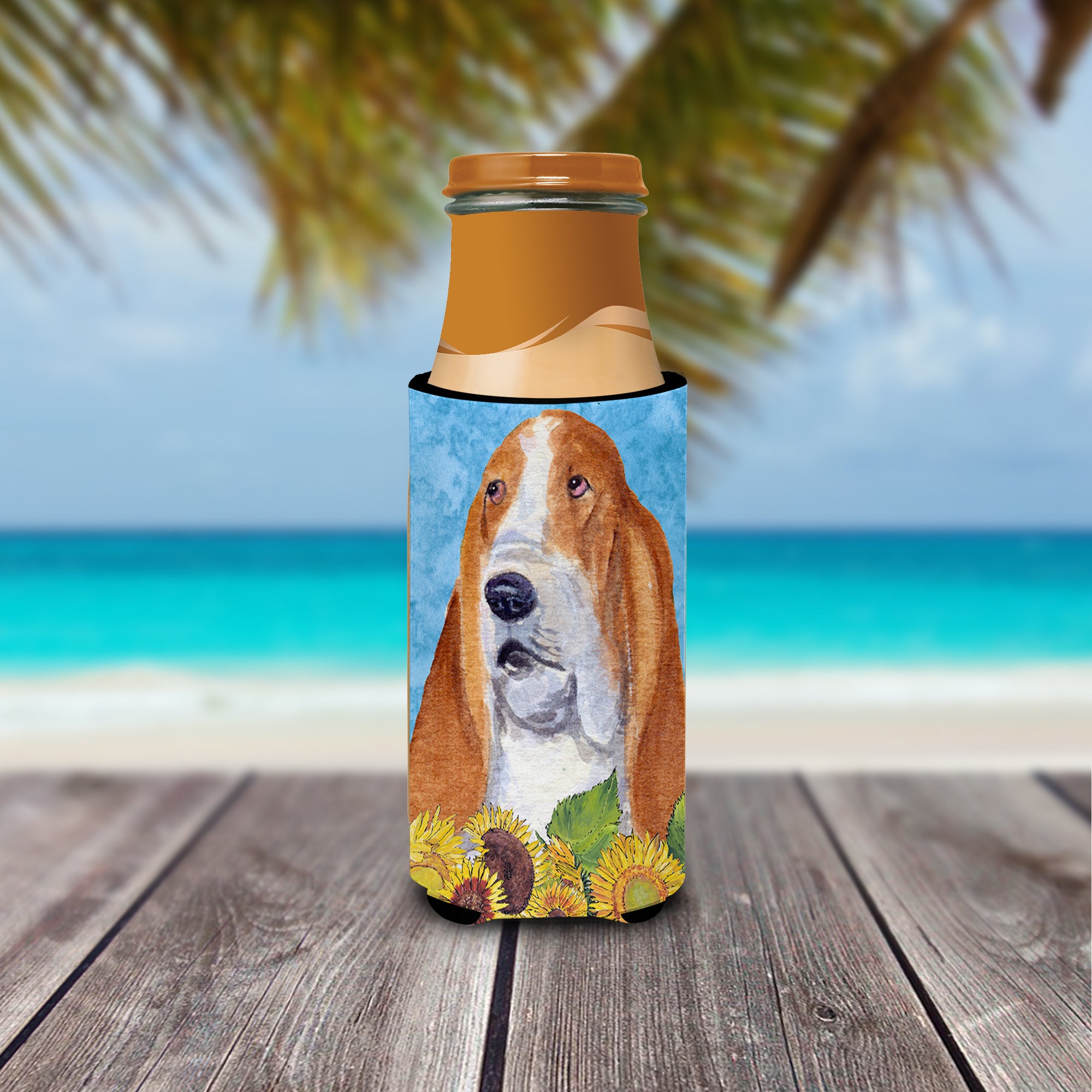 Basset Hound in Summer Flowers Ultra Beverage Insulators for slim cans SS4162MUK.