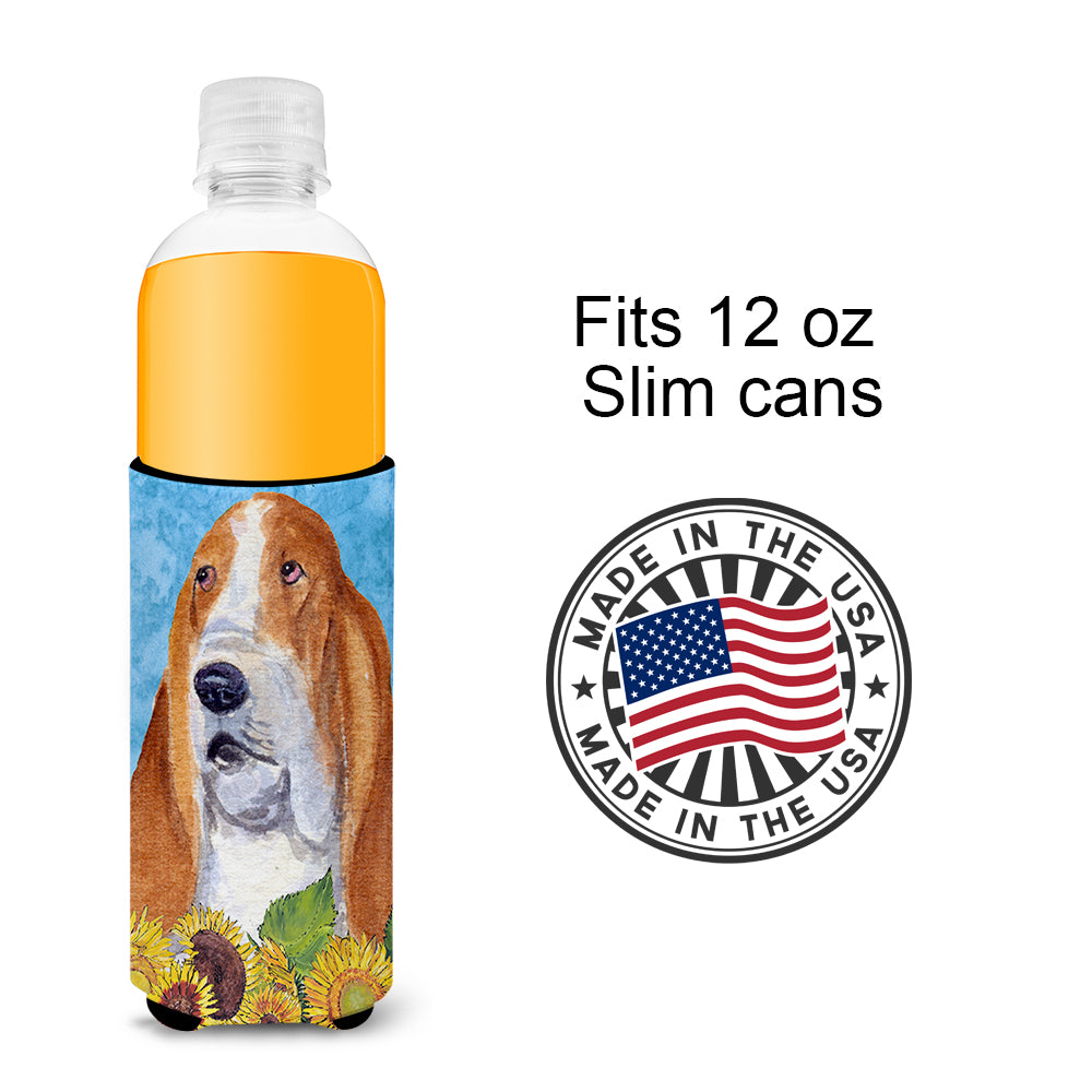 Basset Hound in Summer Flowers Ultra Beverage Insulators for slim cans SS4162MUK.
