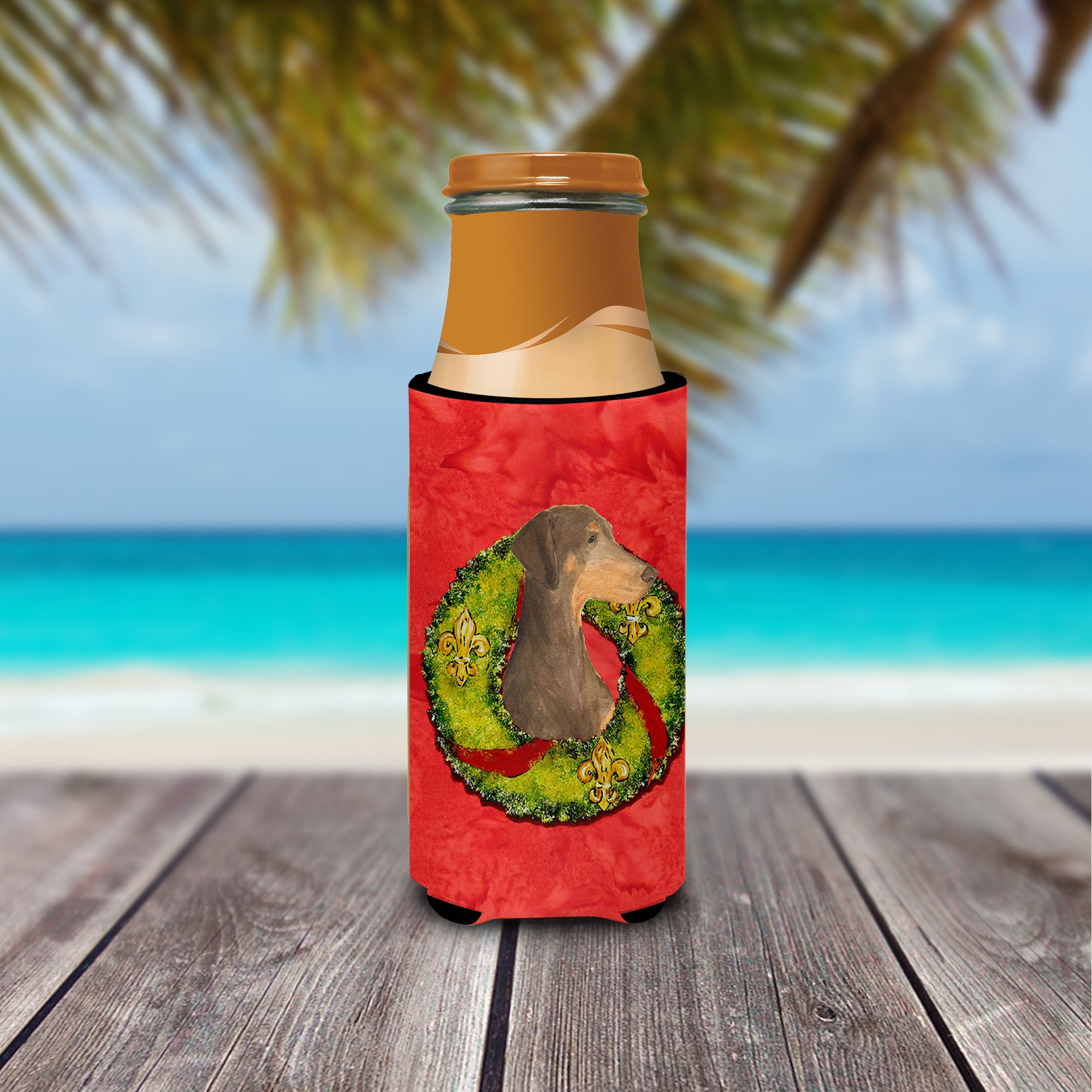 Doberman Cristmas Wreath Ultra Beverage Insulators for slim cans SS4169MUK.