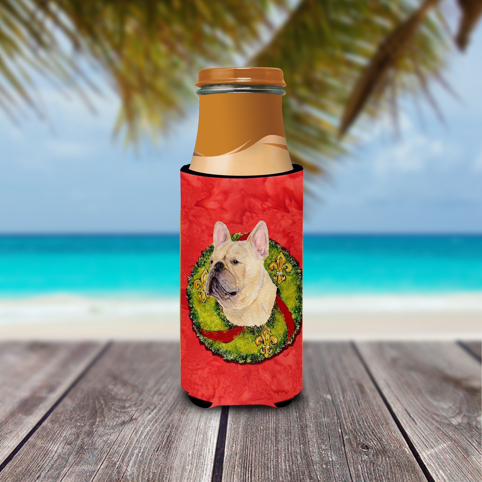 French Bulldog Cristmas Wreath Ultra Beverage Insulators for slim cans SS4175MUK.
