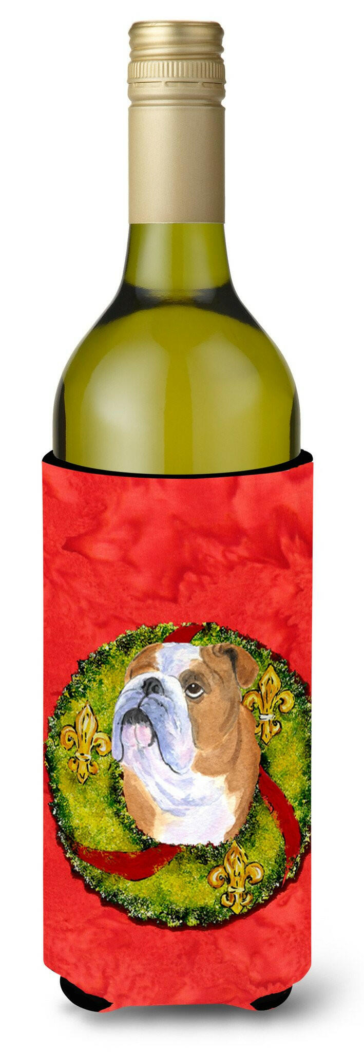 Bulldog English Cristmas Wreath Wine Bottle Beverage Insulator Beverage Insulator Hugger SS4181LITERK by Caroline&#39;s Treasures