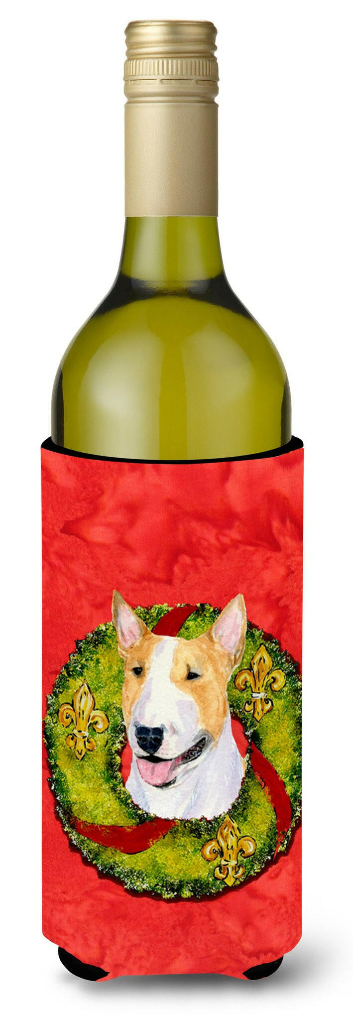 Bull Terrier Cristmas Wreath Wine Bottle Beverage Insulator Beverage Insulator Hugger by Caroline's Treasures