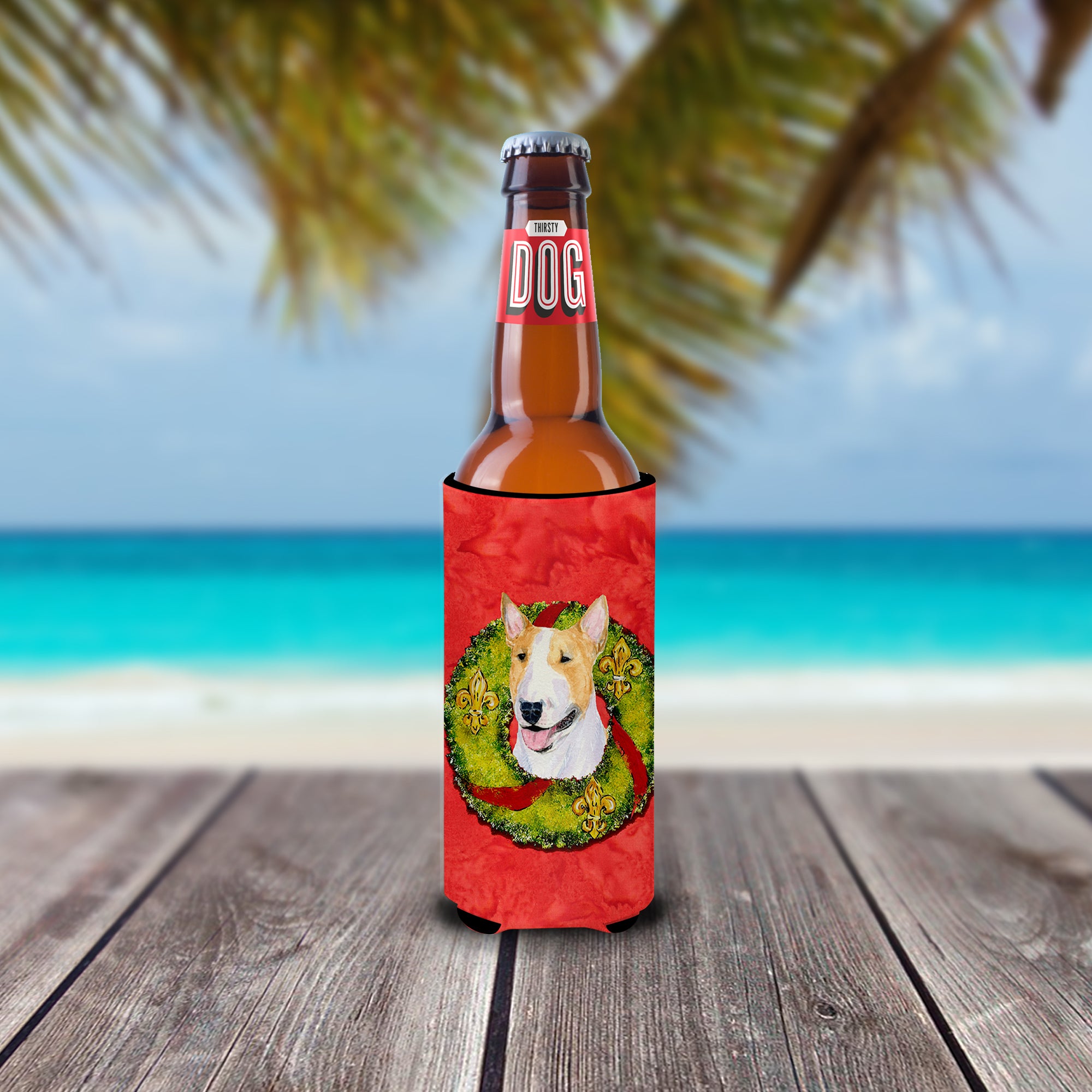 Bull Terrier Cristmas Wreath Ultra Beverage Insulators for slim cans SS4185MUK.