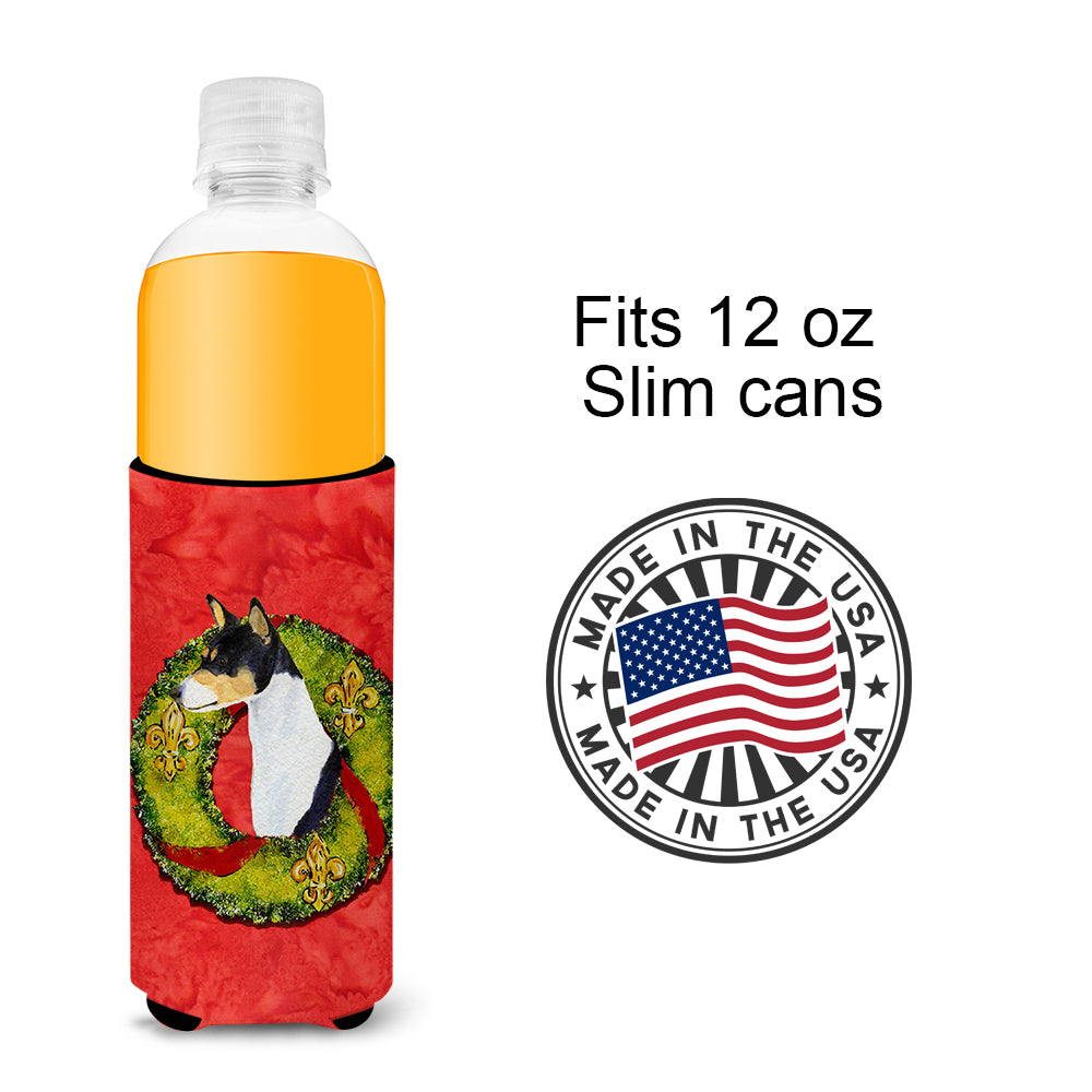 Basenji Cristmas Wreath Ultra Beverage Insulators for slim cans SS4201MUK.