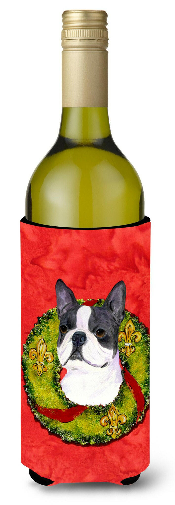 Boston Terrier Cristmas Wreath Wine Bottle Beverage Insulator Beverage Insulator Hugger by Caroline&#39;s Treasures