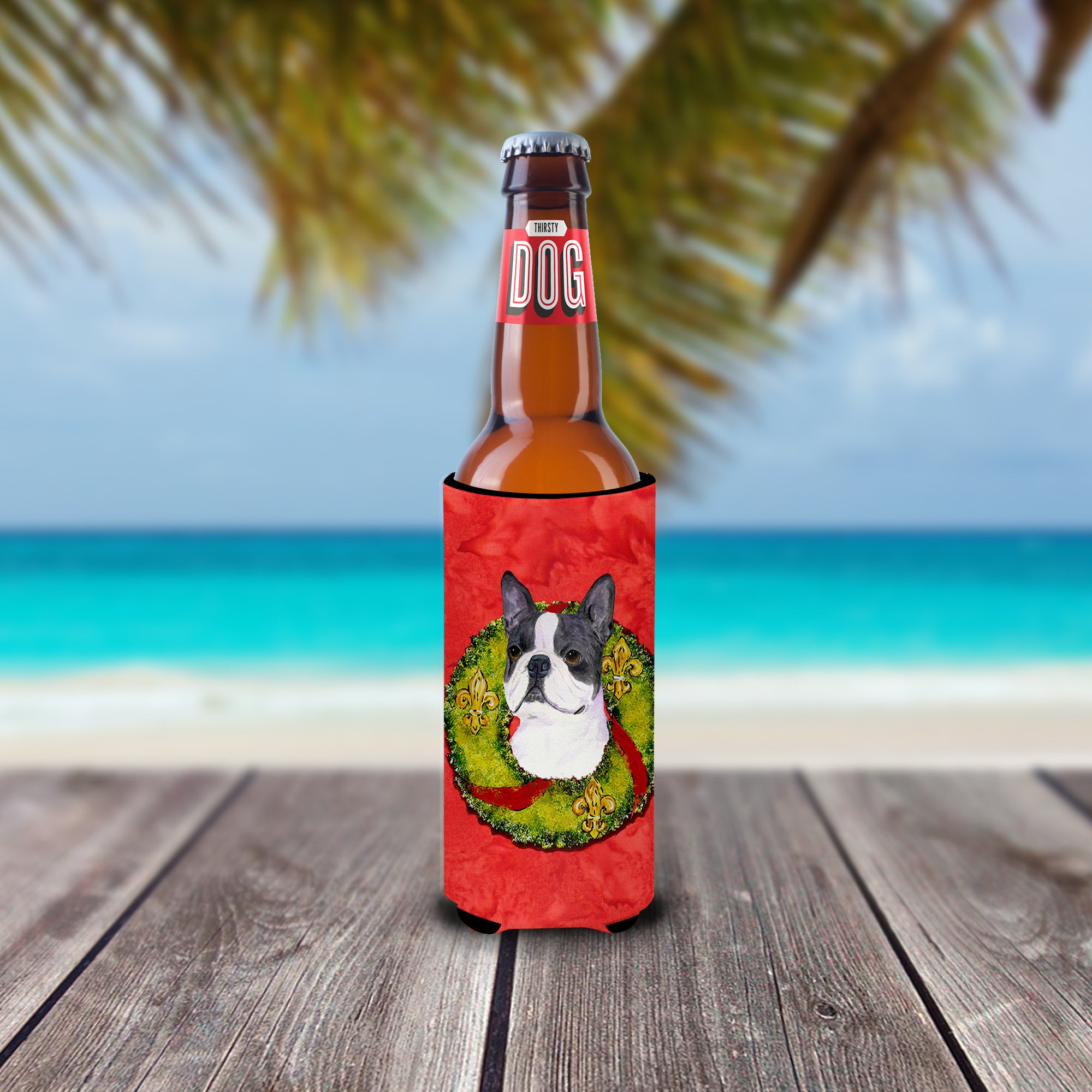 Boston Terrier Cristmas Wreath Ultra Beverage Insulators for slim cans SS4203MUK.