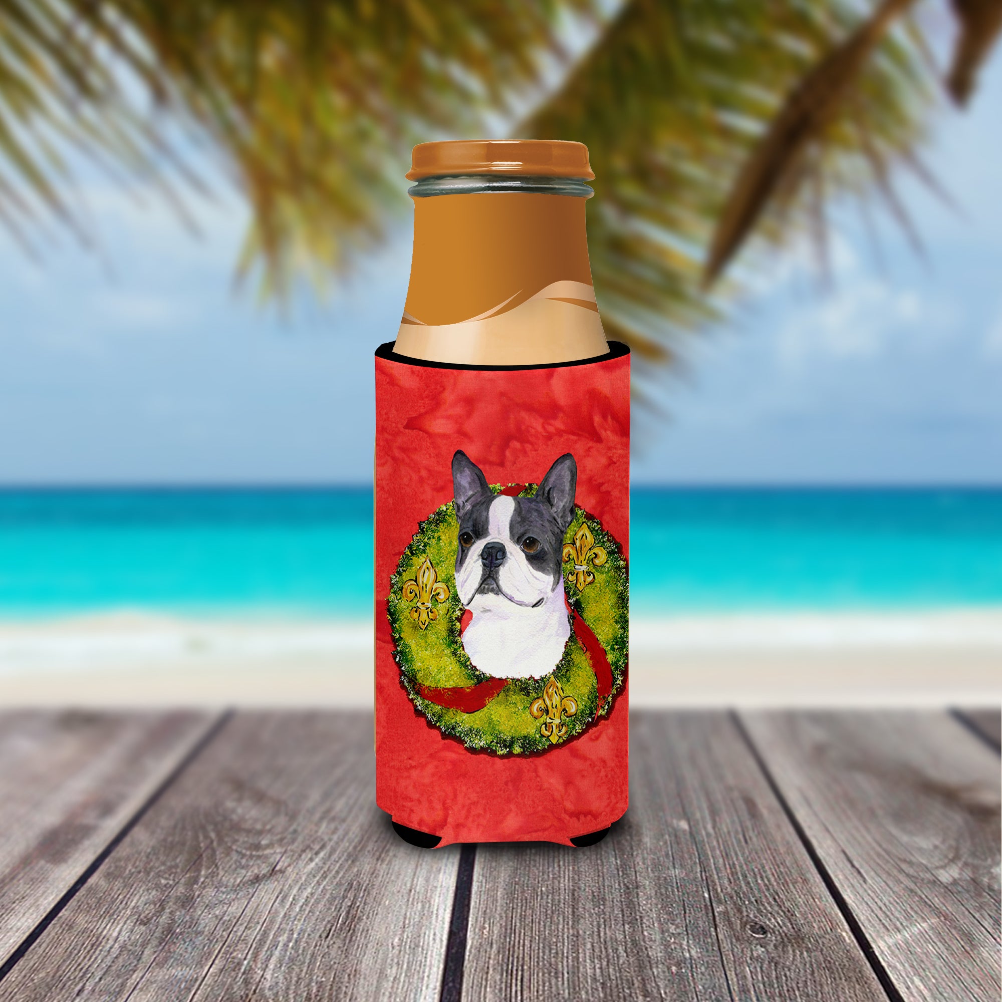 Boston Terrier Cristmas Wreath Ultra Beverage Insulators for slim cans SS4203MUK.