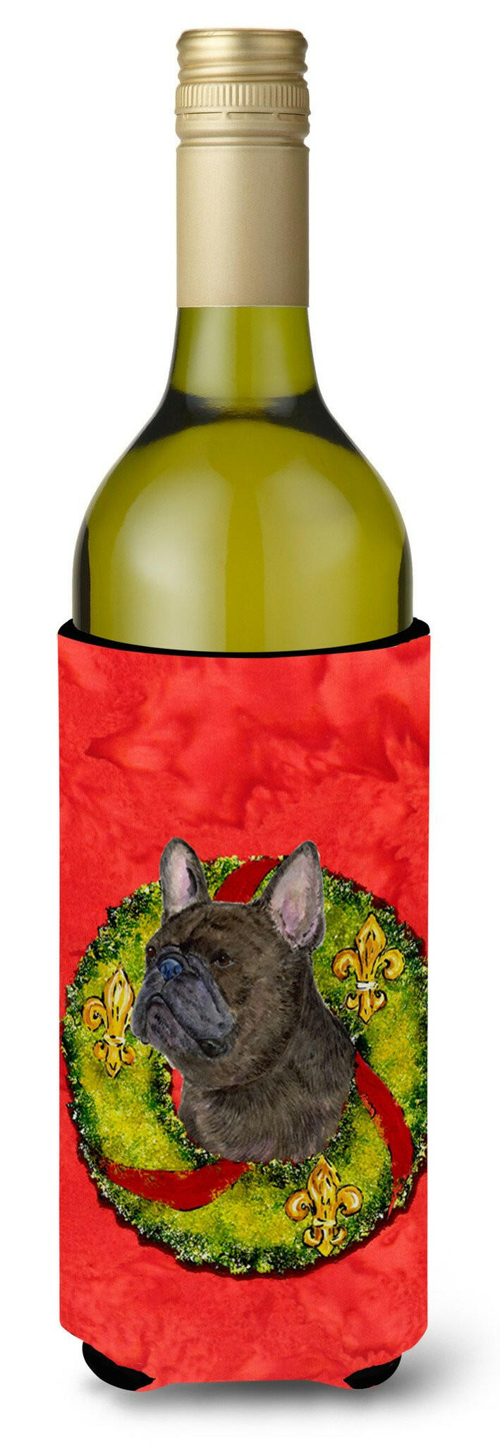 Brindle French Bulldog Cristmas Wreath Wine Bottle Beverage Insulator Beverage Insulator Hugger by Caroline's Treasures
