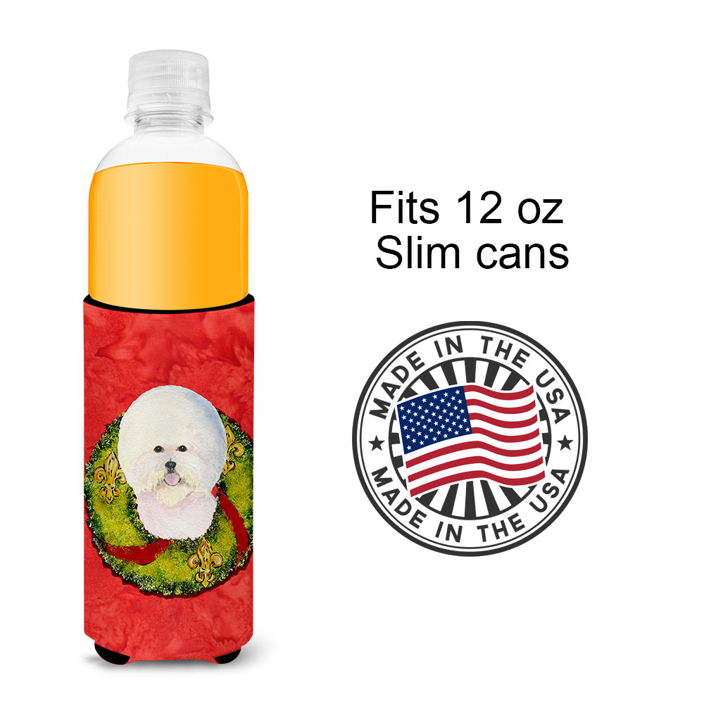 Bichon Frise Cristmas Wreath Ultra Beverage Insulators for slim cans SS4213MUK.