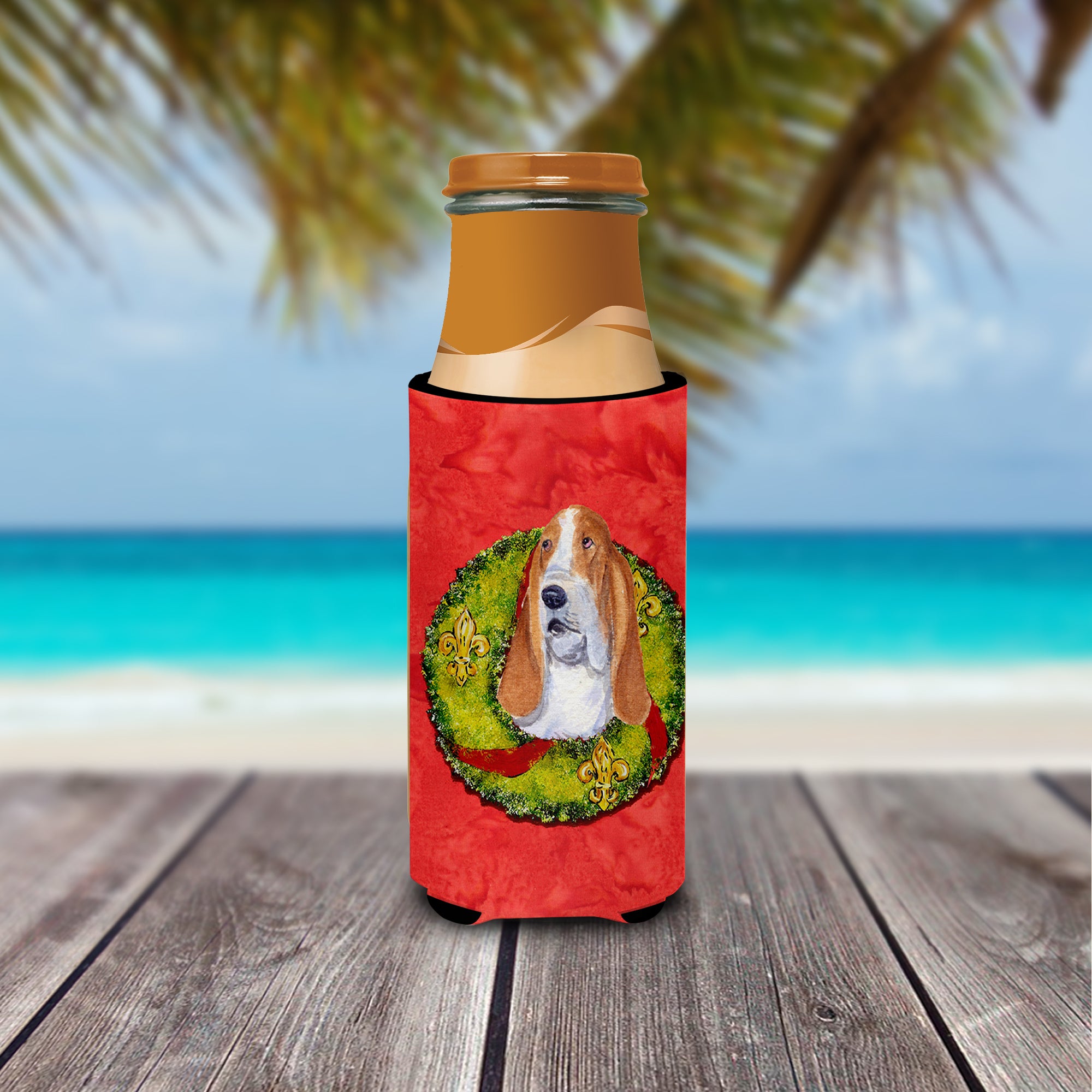 Basset Hound Cristmas Wreath Ultra Beverage Insulators for slim cans SS4215MUK.