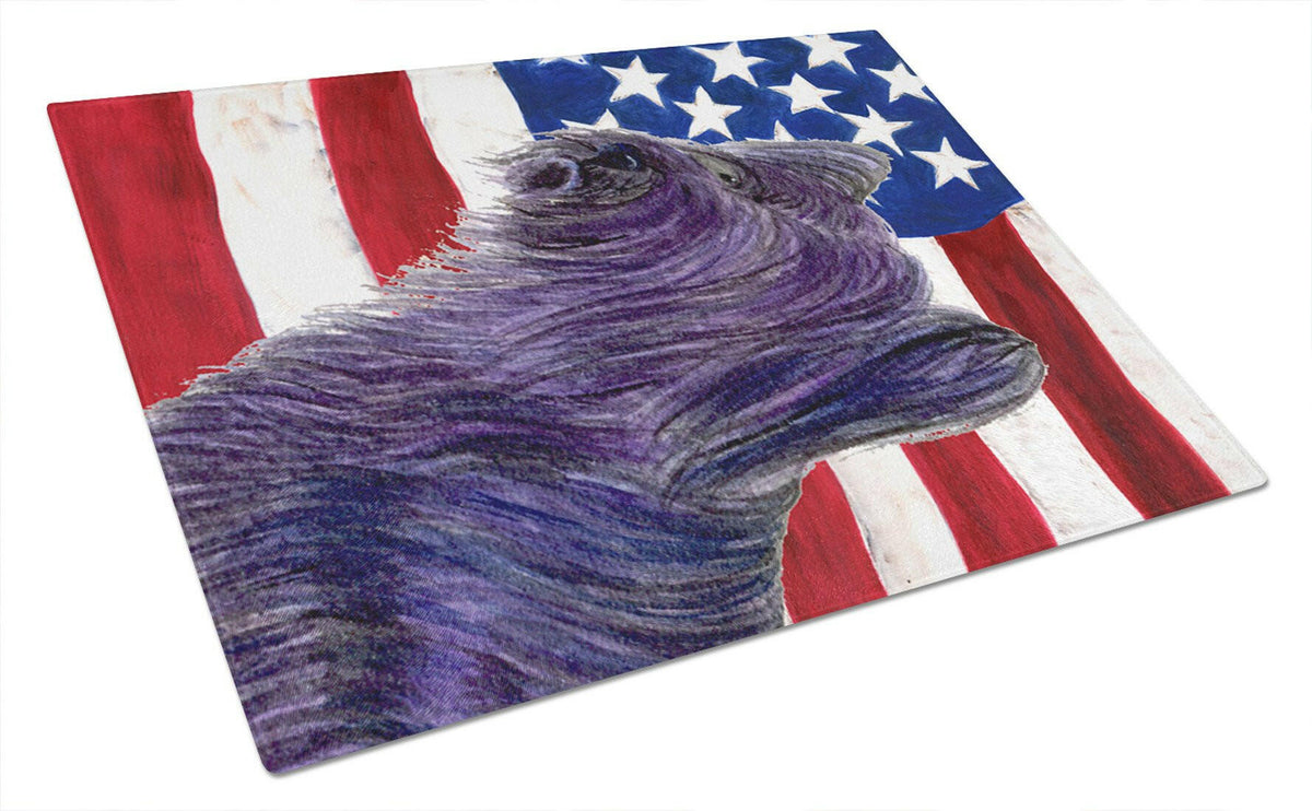 USA American Flag with Skye Terrier Glass Cutting Board Large by Caroline&#39;s Treasures