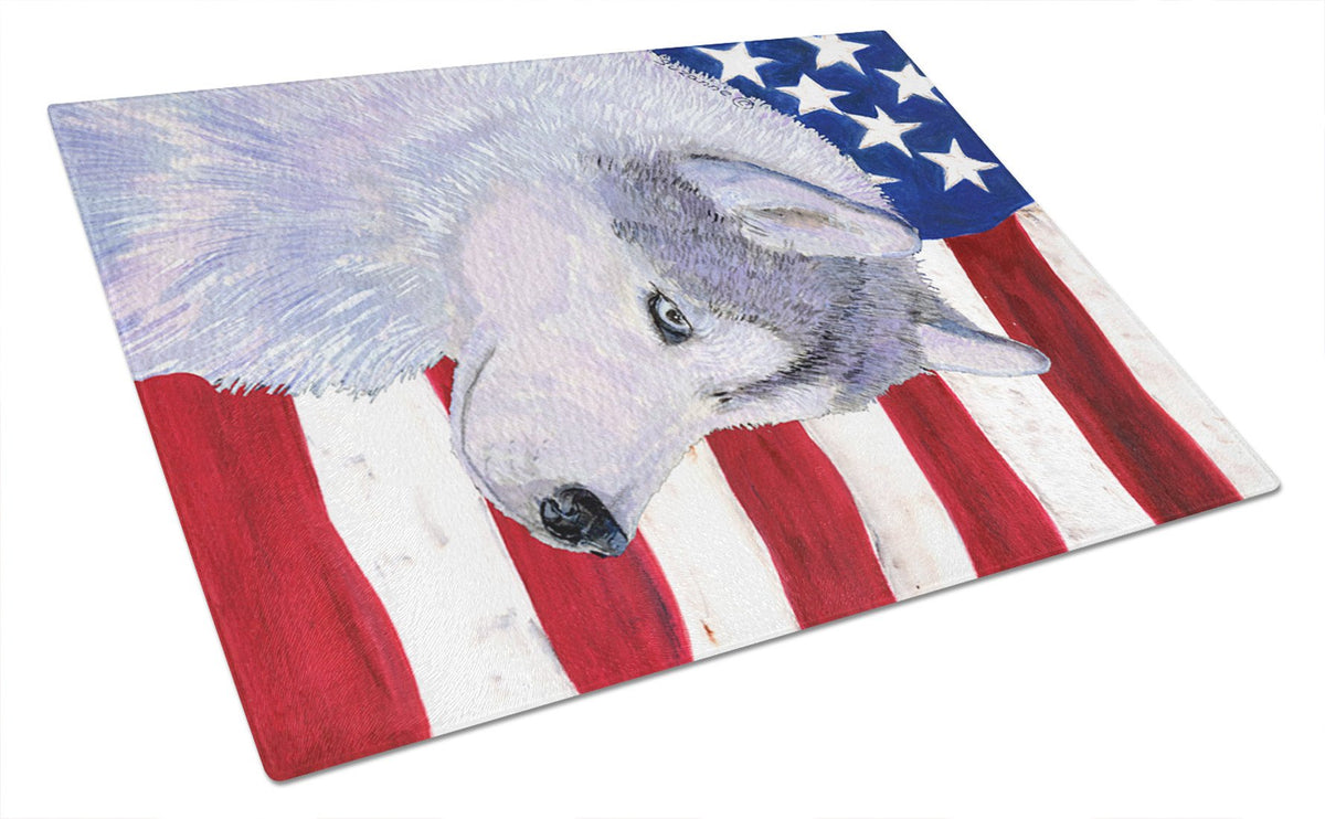 USA American Flag with Siberian Husky Glass Cutting Board Large by Caroline&#39;s Treasures