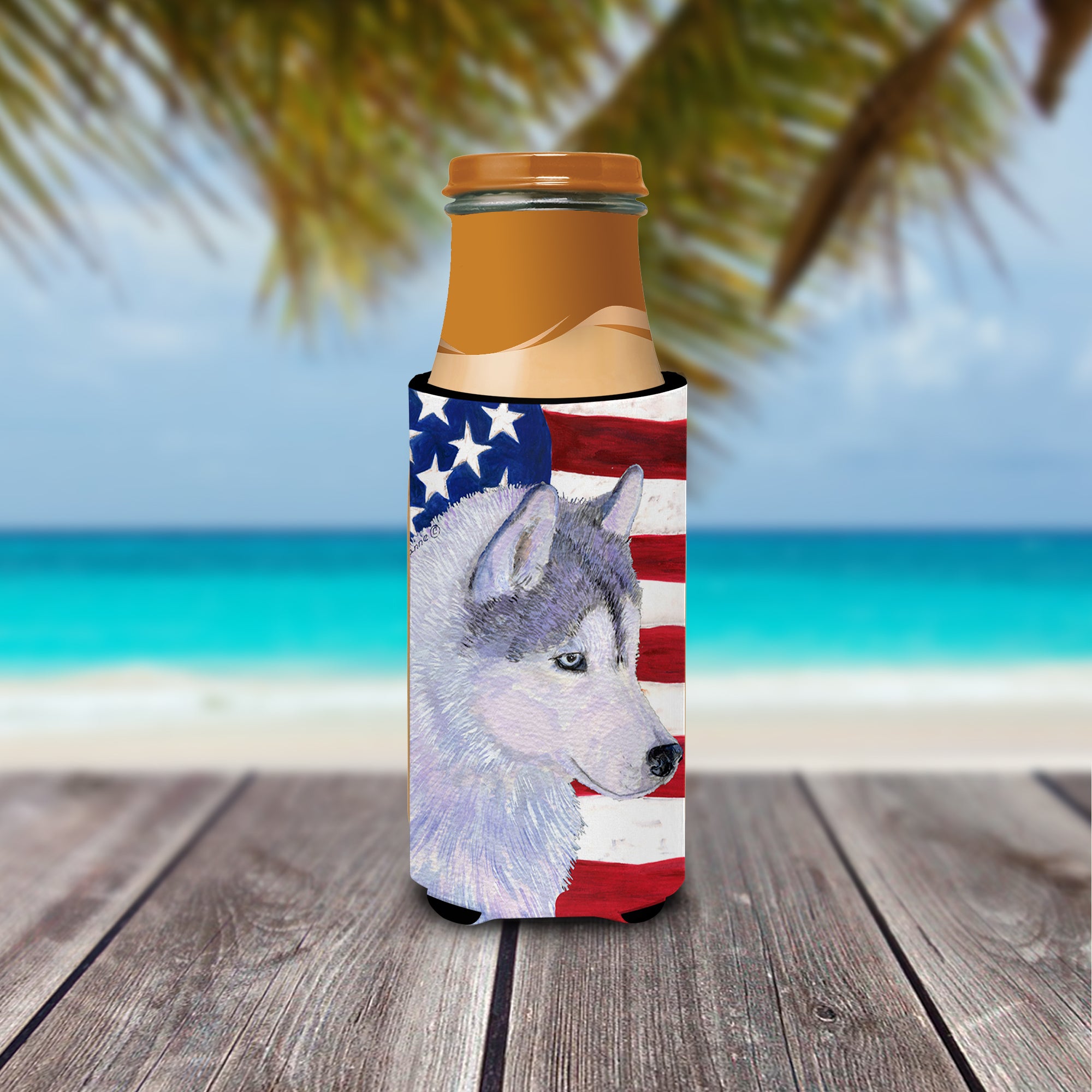 USA American Flag with Siberian Husky Ultra Beverage Insulators for slim cans SS4220MUK