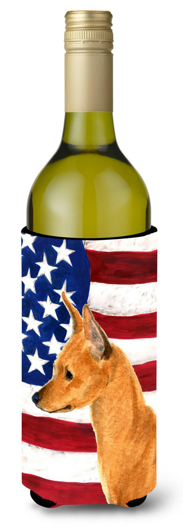 USA American Flag with Min Pin Wine Bottle Beverage Insulator Beverage Insulator Hugger SS4222LITERK by Caroline&#39;s Treasures