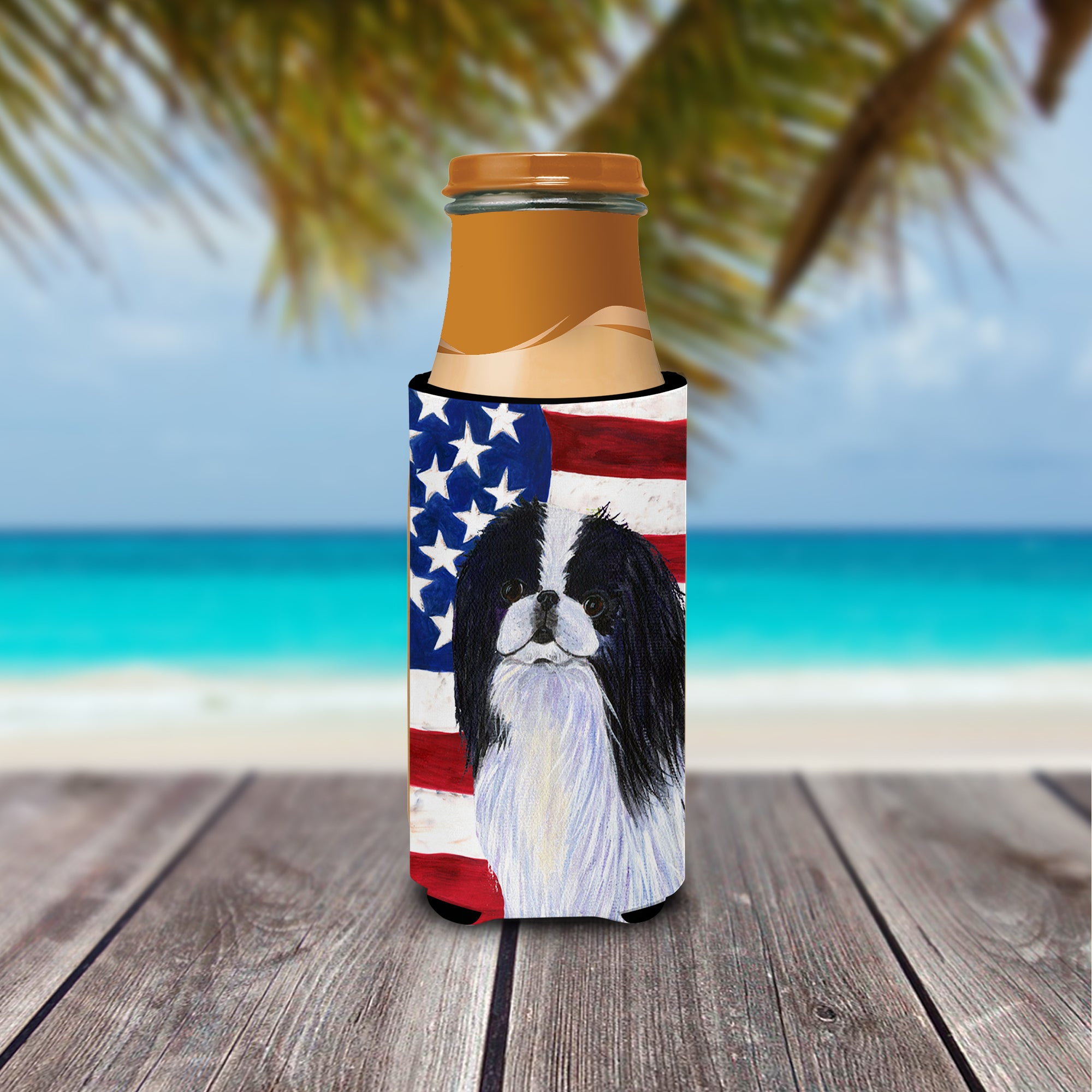 USA American Flag with Japanese Chin Ultra Beverage Insulators for slim cans SS4223MUK.