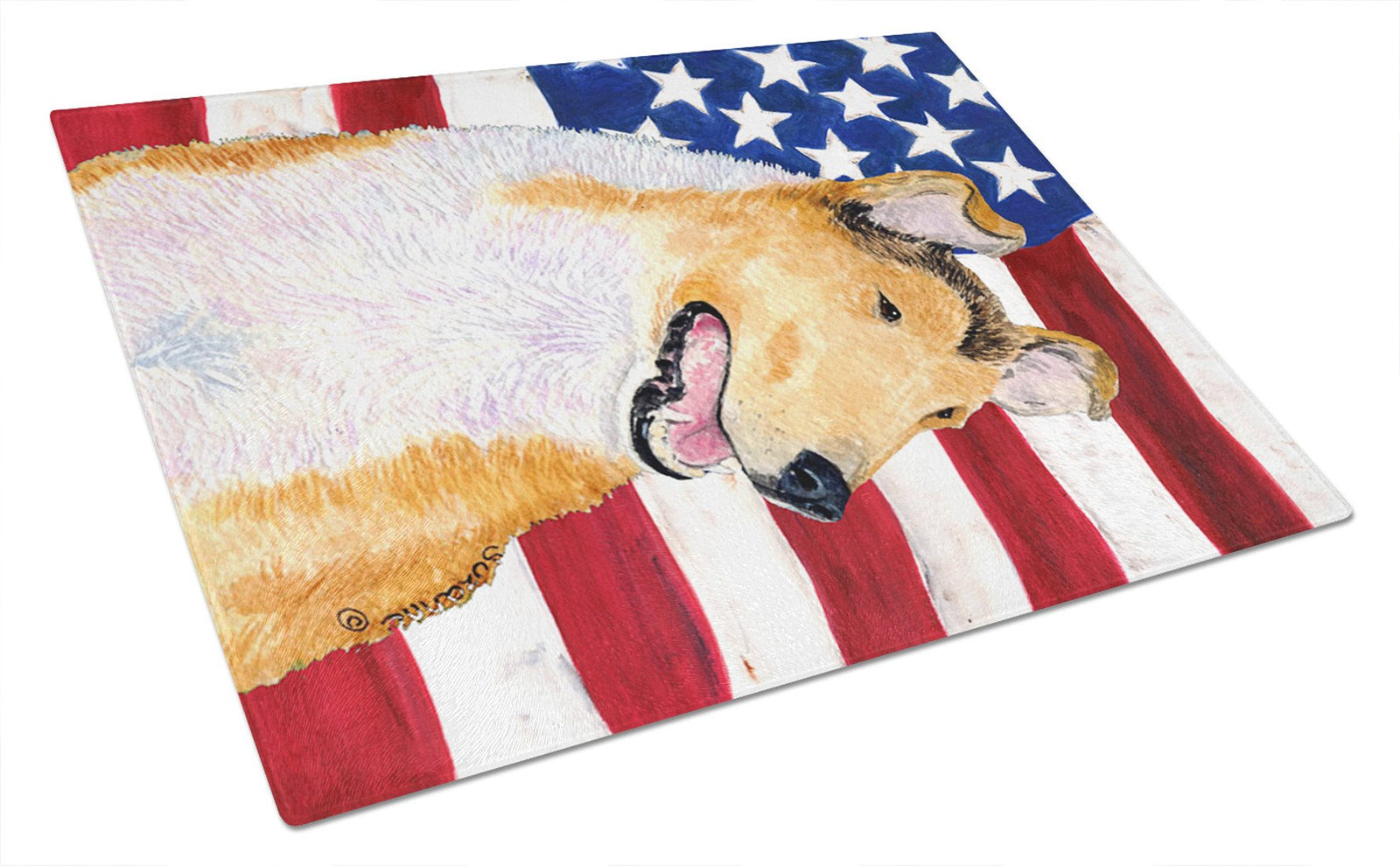 USA American Flag with Collie Smooth Glass Cutting Board Large by Caroline's Treasures