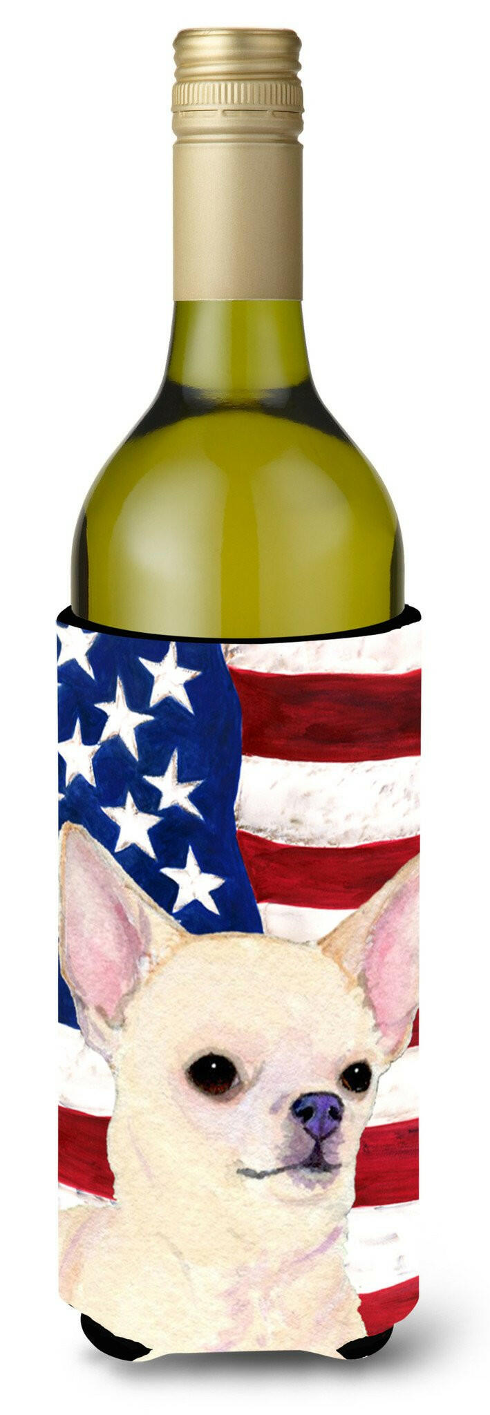 USA American Flag with Chihuahua Wine Bottle Beverage Insulator Beverage Insulator Hugger by Caroline's Treasures