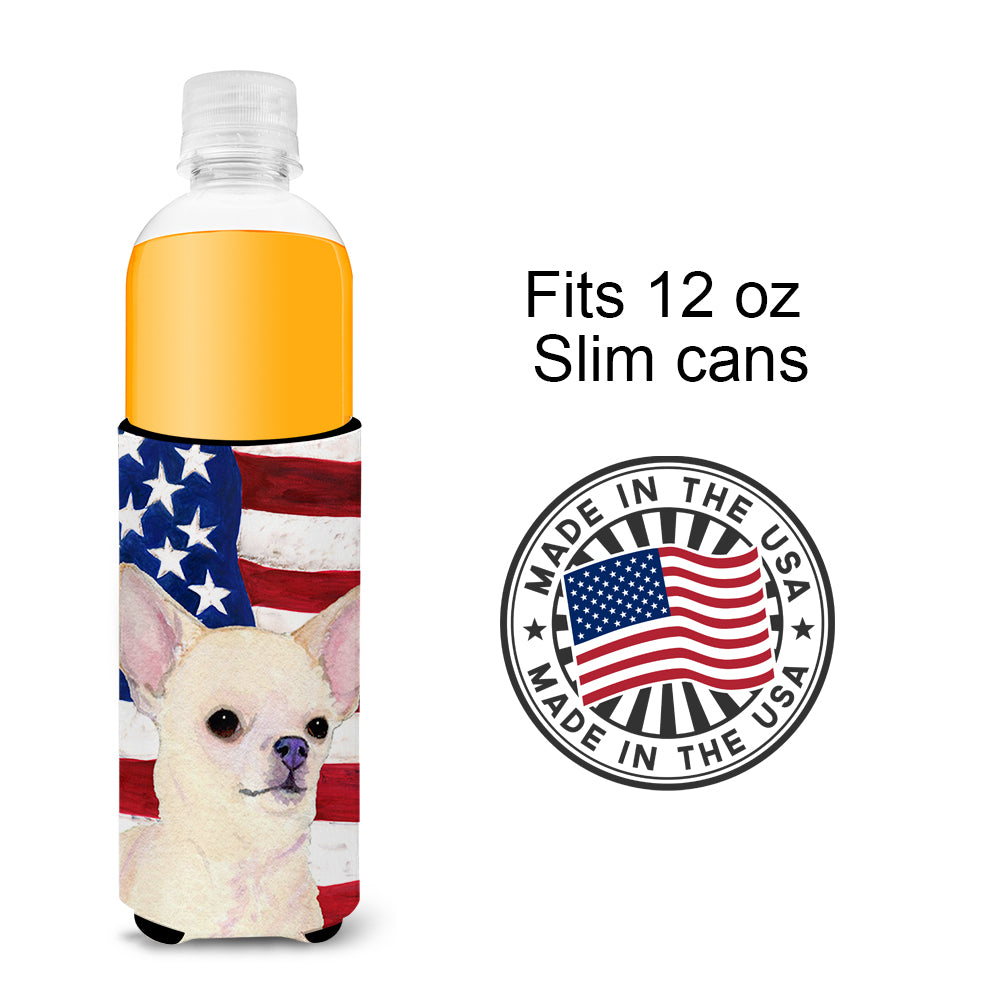 USA American Flag with Chihuahua Ultra Beverage Insulators for slim cans SS4228MUK.