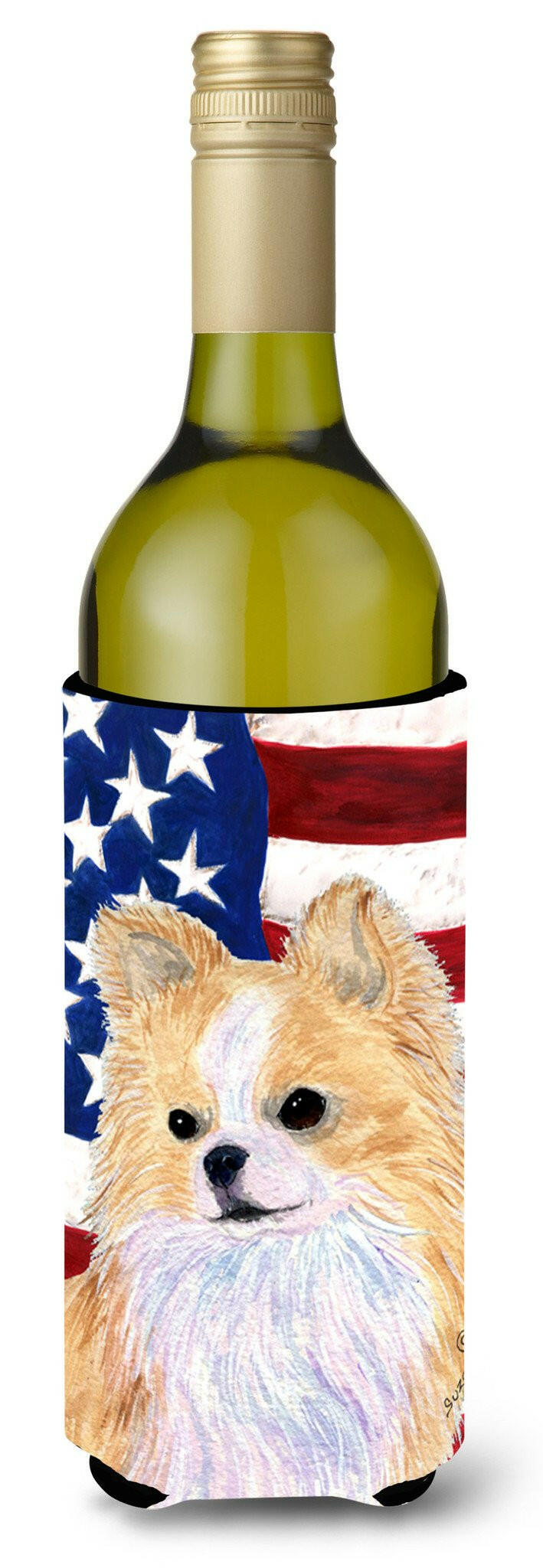 USA American Flag with Chihuahua Wine Bottle Beverage Insulator Beverage Insulator Hugger SS4229LITERK by Caroline&#39;s Treasures