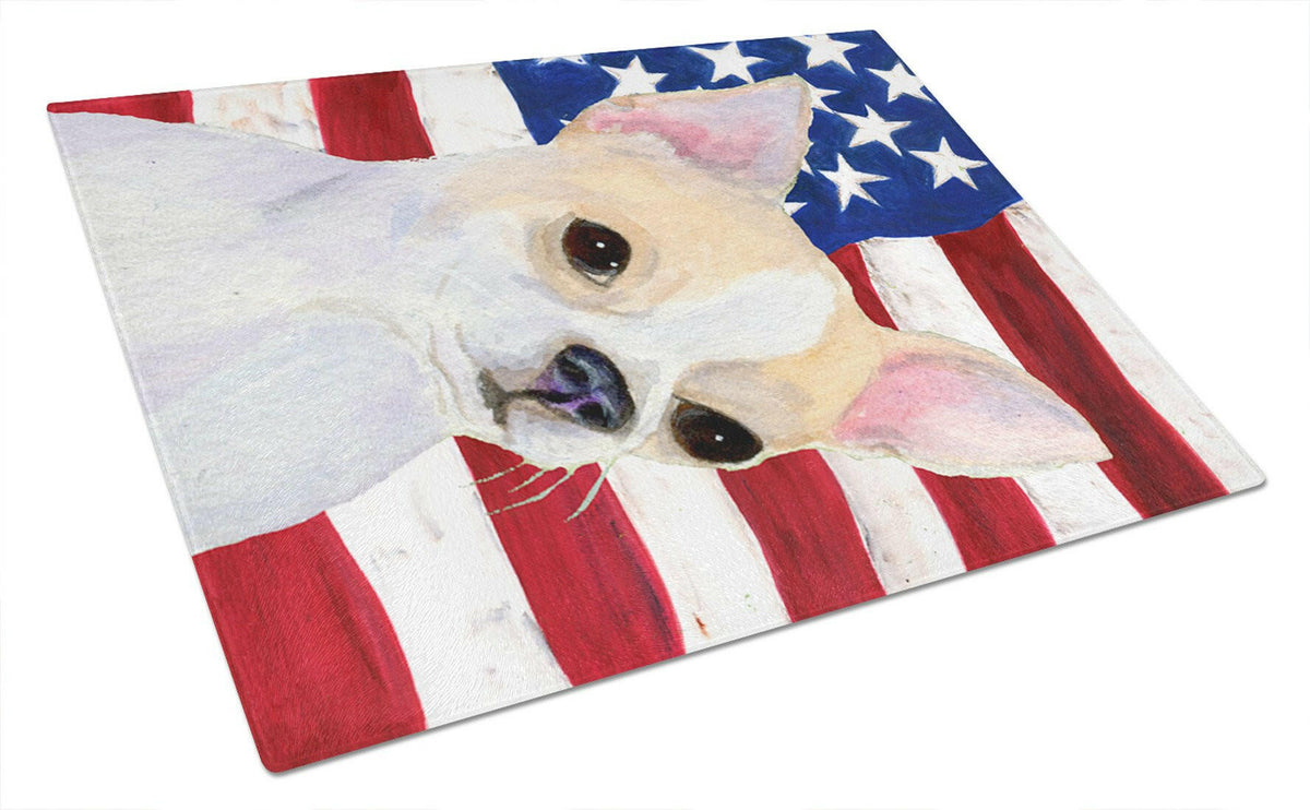 USA American Flag with Chihuahua Glass Cutting Board Large by Caroline&#39;s Treasures