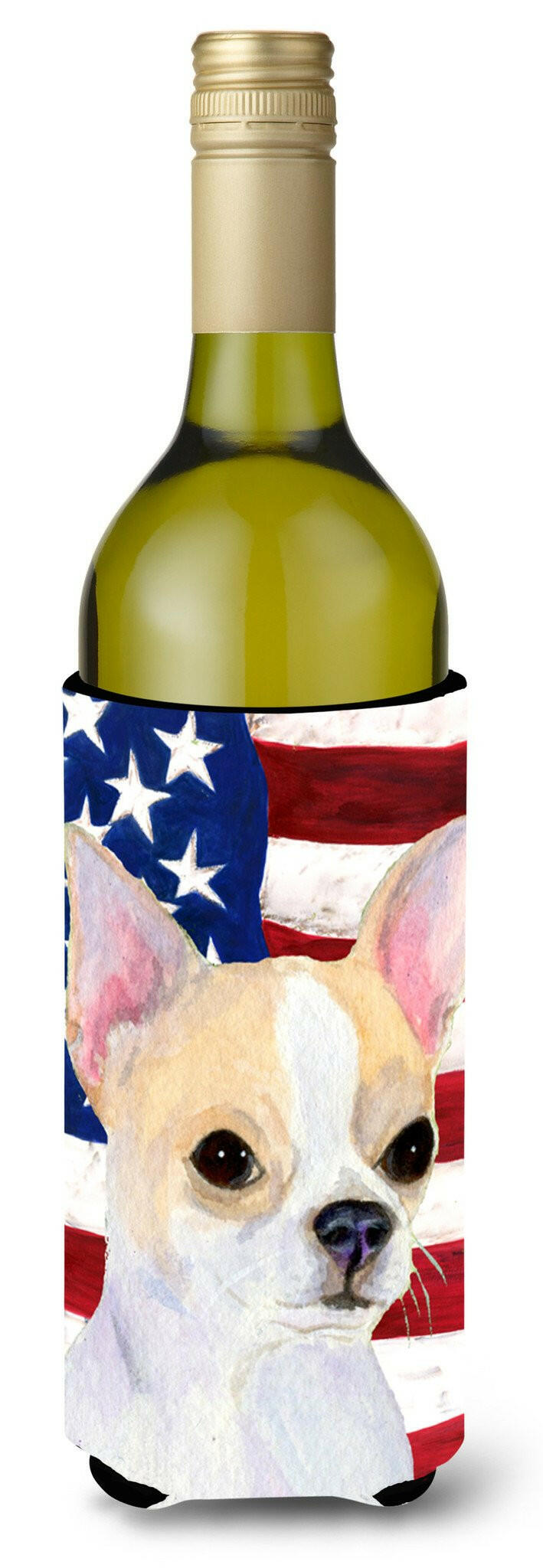 USA American Flag with Chihuahua Wine Bottle Beverage Insulator Beverage Insulator Hugger SS4230LITERK by Caroline&#39;s Treasures