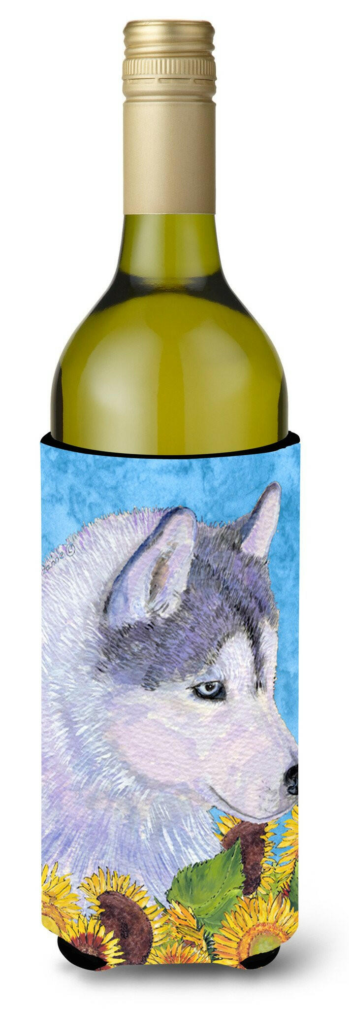 Siberian Husky in Summer Flowers Wine Bottle Beverage Insulator Beverage Insulator Hugger by Caroline&#39;s Treasures