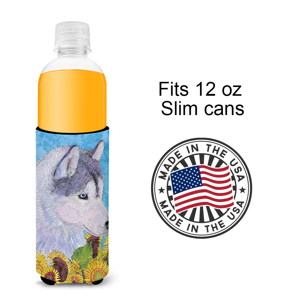 Siberian Husky in Summer Flowers Ultra Beverage Insulators for slim cans SS4233MUK.