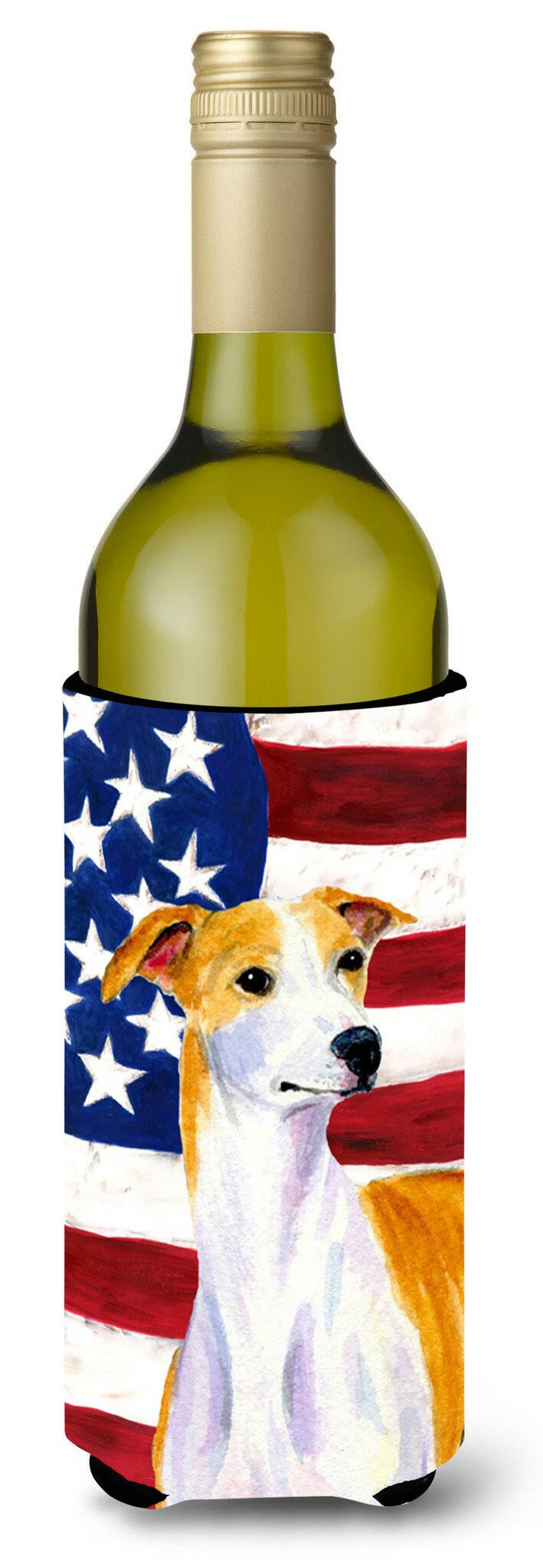 USA American Flag with Whippet Wine Bottle Beverage Insulator Beverage Insulator Hugger by Caroline&#39;s Treasures
