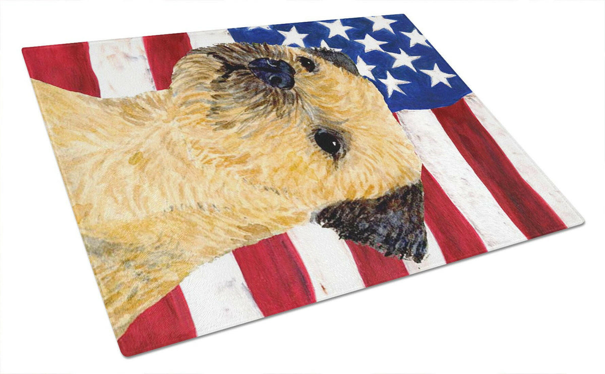 USA American Flag with Border Terrier Glass Cutting Board Large by Caroline&#39;s Treasures