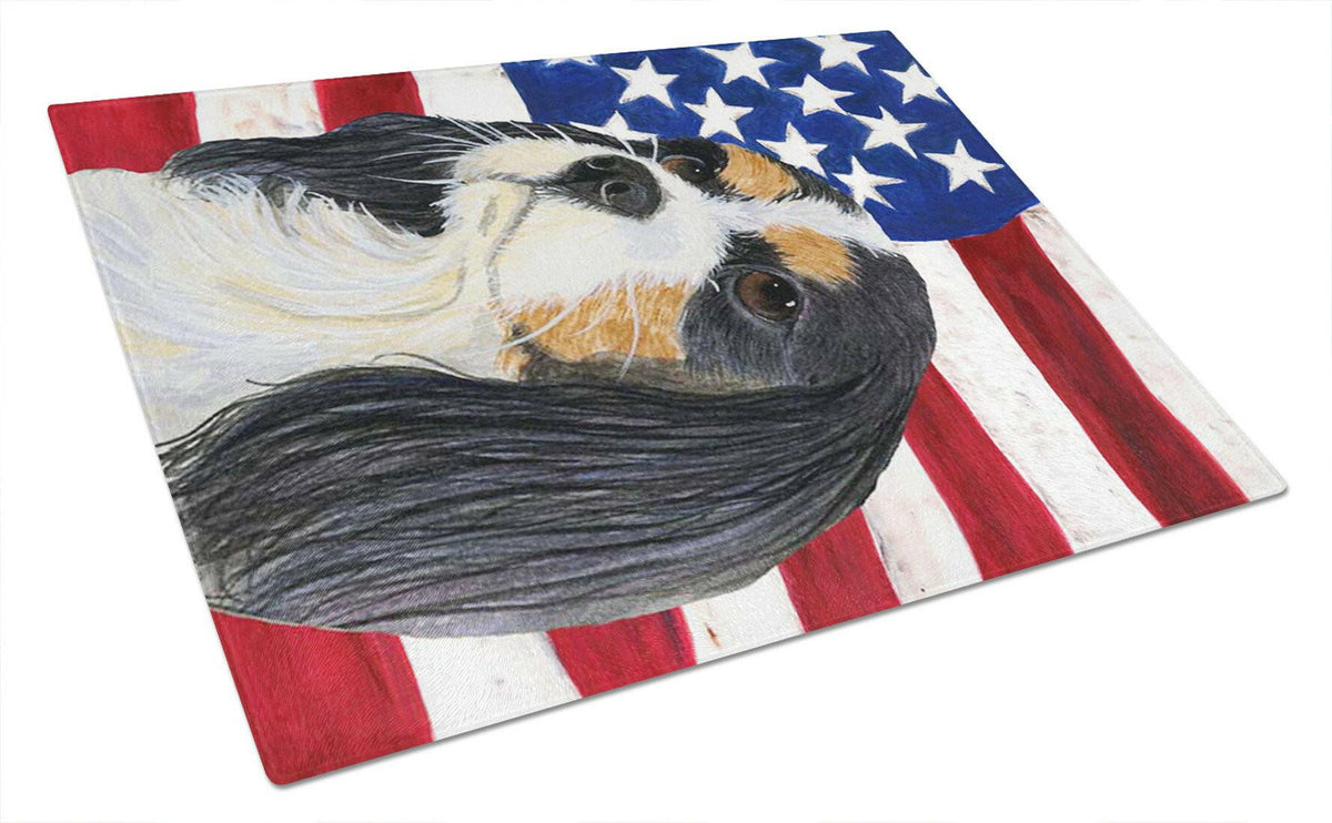 USA American Flag with Cavalier Spaniel Glass Cutting Board Large by Caroline&#39;s Treasures