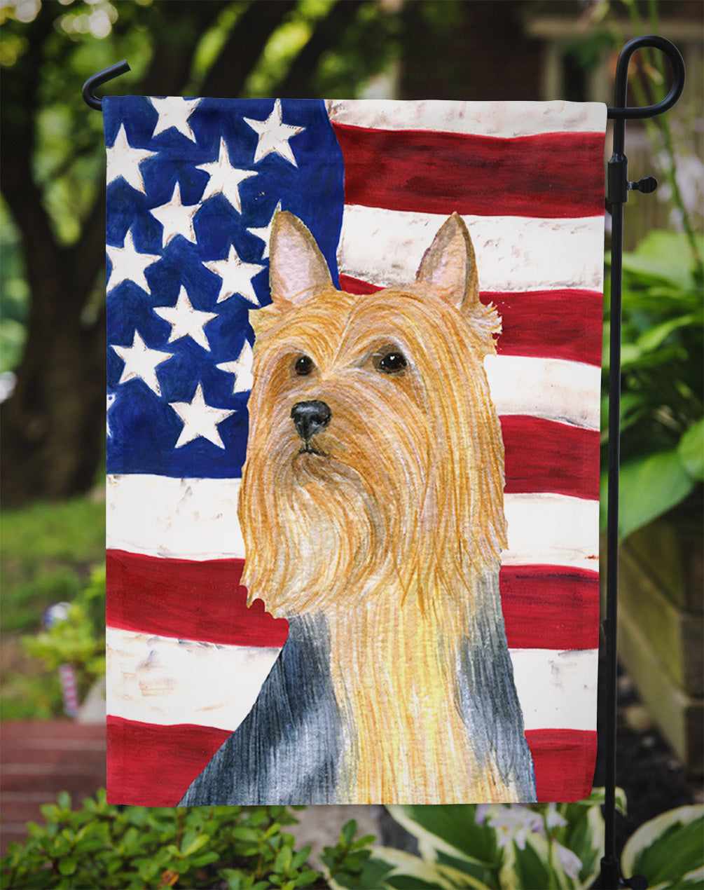 USA American Flag with Silky Terrier Flag Garden Size.